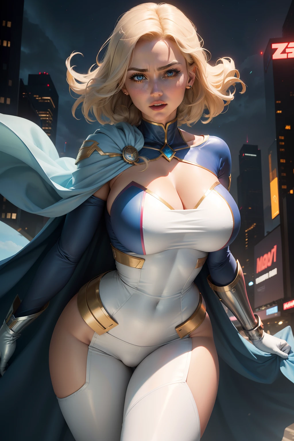 new york city, time square, With a v-neckline reaching mid-tummy, terra Zor-l, known as Power Girl, radiates cosmic energy in her iconic white bodysuit, blue gloves, endowed with superhuman strength and vision of heat, She soars through the skies with unrivaled grace and power. Her keen intellect and indomitable spirit drive her to uphold justice. The Power Girl costume, worn by Terra Zor-l, is a symbol of her strength and commanding presence. With a bold design, it features a wide V-neckline to the waist, in contrasting shades of white and deep blue. the "em" neckline highlights her confidence, while the cape flowing behind her evokes a sense of majesty as she soars through the skies. The combination of elegance and power in the costume reflects the heroine's fearless personality and superhuman ability.