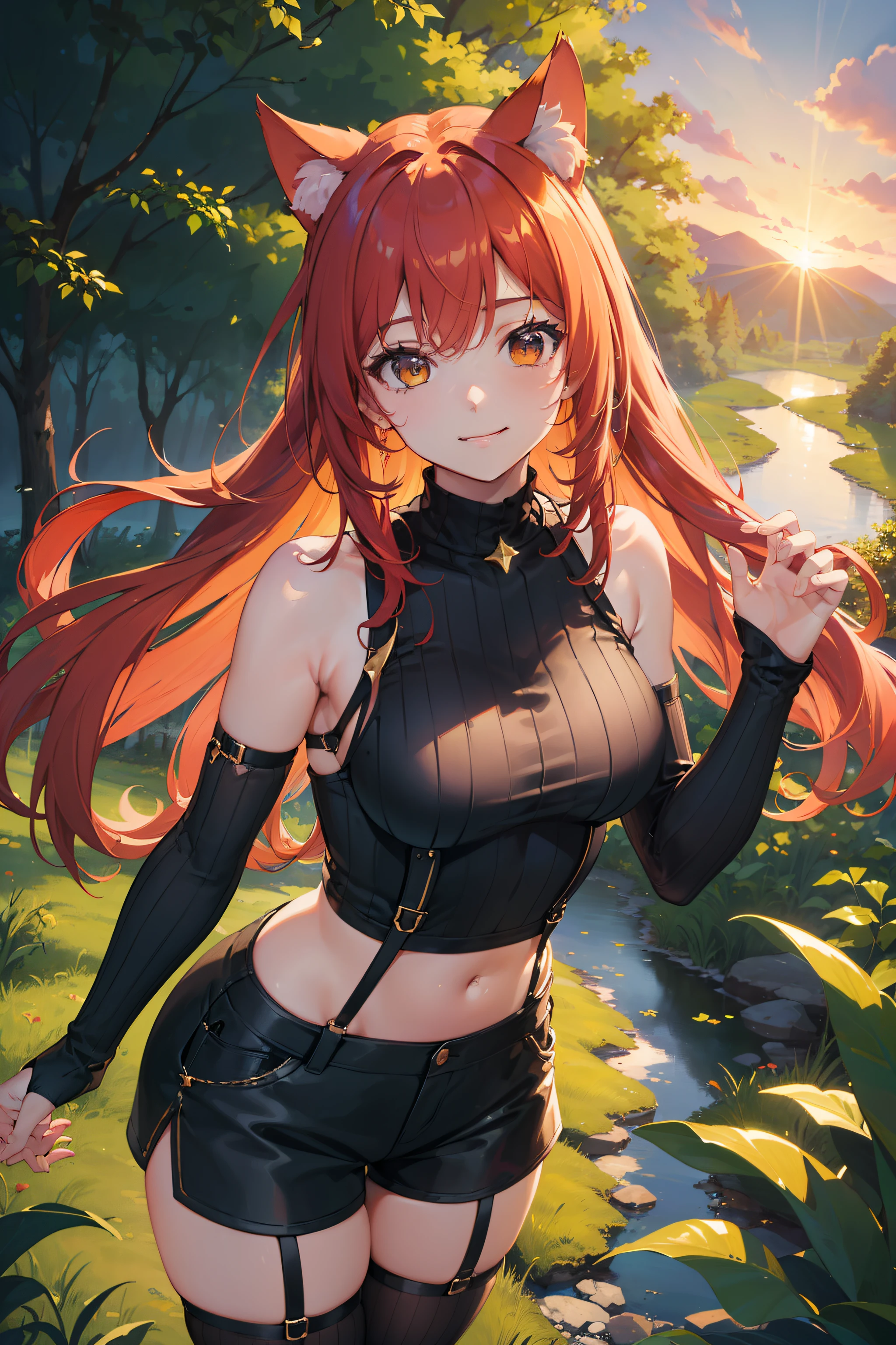 (((best quality, high resolution, masterpiece))), cat girl, ((ribbed cropped)), shorts, forest, sunset, close up, photo from above, smiling at viewer, lake, starred sky, (thigh straps), (thigh high), strong wind, two colored hair