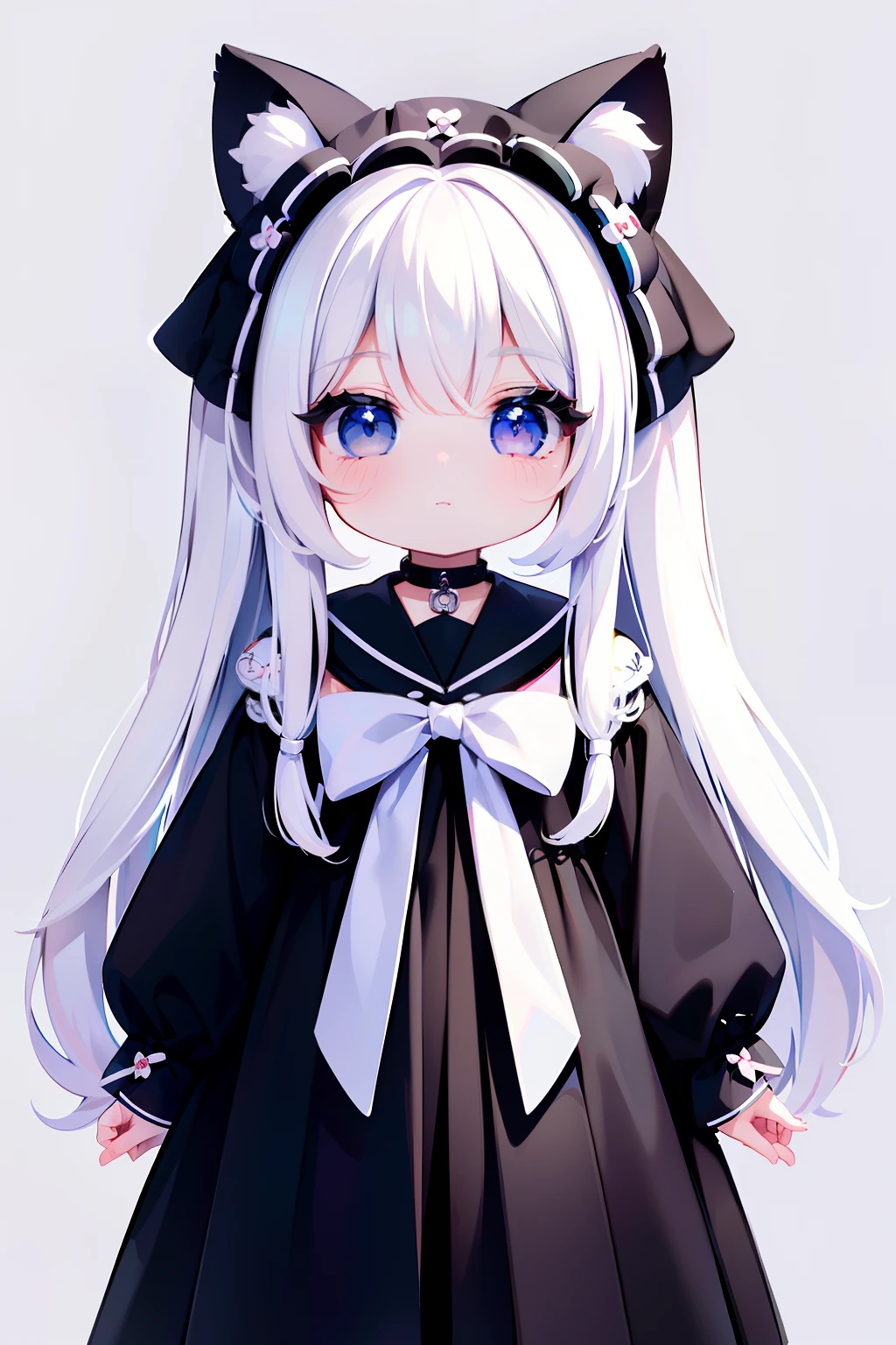 ((Best quality)), ((Masterpiece)),1 girl， animemanga girl，Q version characters，In body type，Very short in height，White color hair，a black skirt，Cat ears，Fierce expression