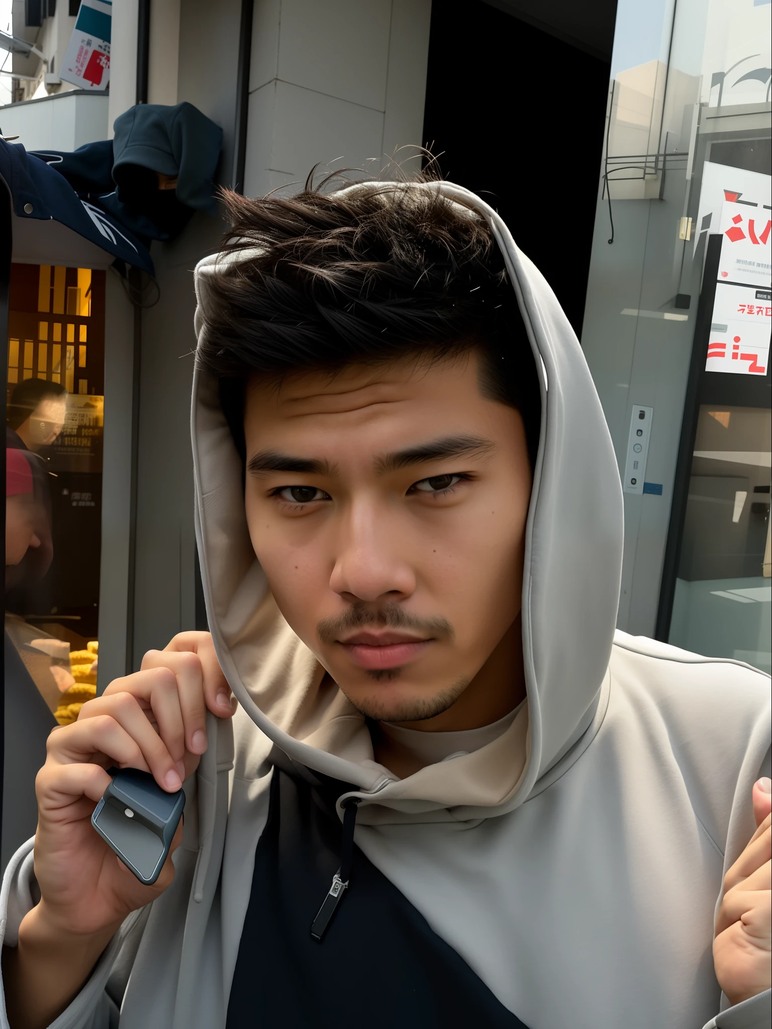 arafed man in a hoodie holding a cell phone to his ear, kentaro, taken in the early 2020s, in tokio, 8k selfie photograph, asian male, around 1 9 years old, in front of ramen shop, profile shot, headshot profile picture, 2 7 years old, satoshi, daisuke tsutsumi