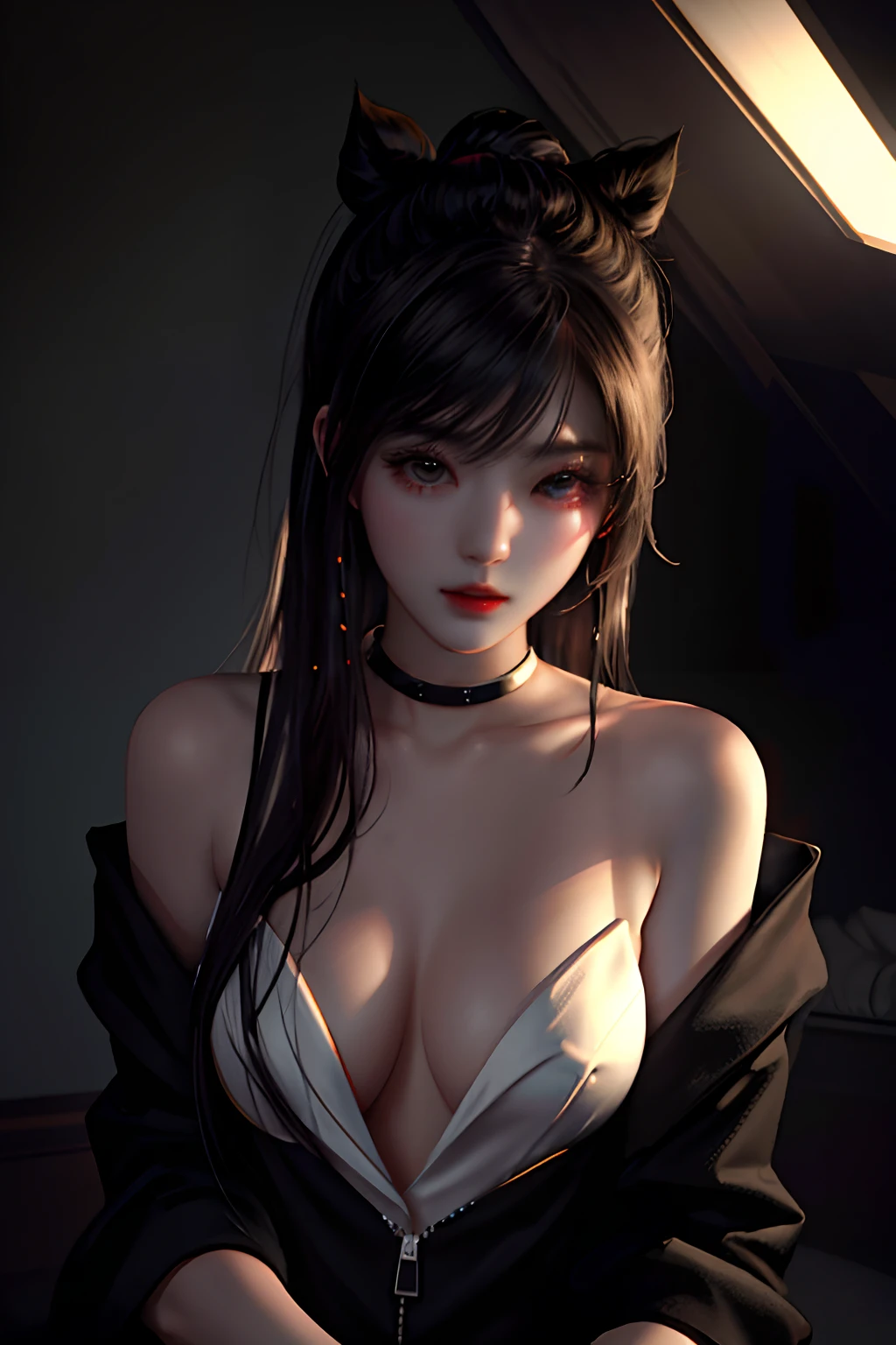 best qualtiy,tmasterpiece,超高分辨率,(realisticlying:1.4),RAW photogr,1girll,bshoulders,in the darkness nigth,deep shading,low tune,Cold light nudity