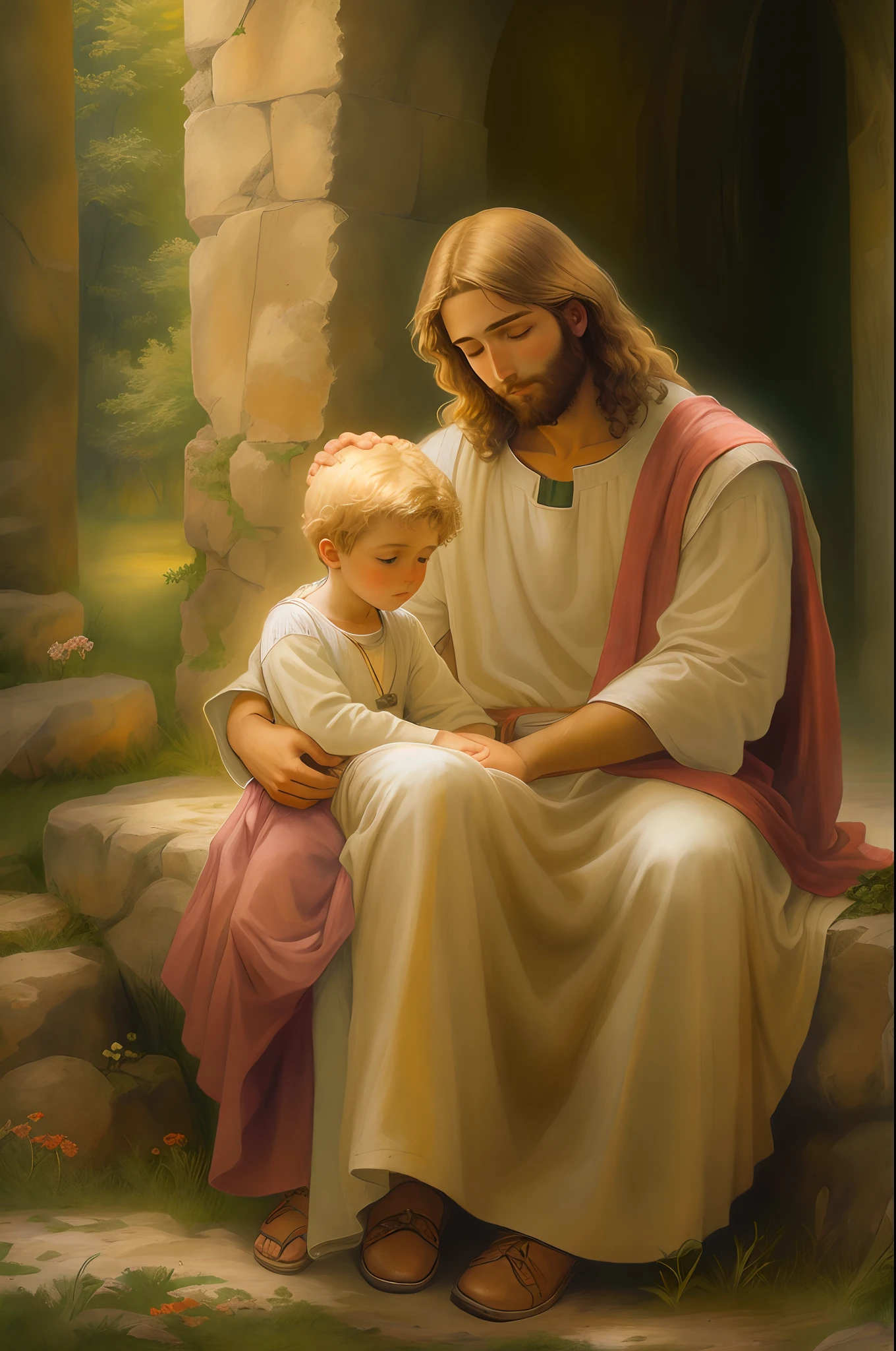 Jesus Christ with young blond boy on his lap, Christian art, high high quality, highly  detailed, (Um ser celestial), picure, There is no Greg Olsen style