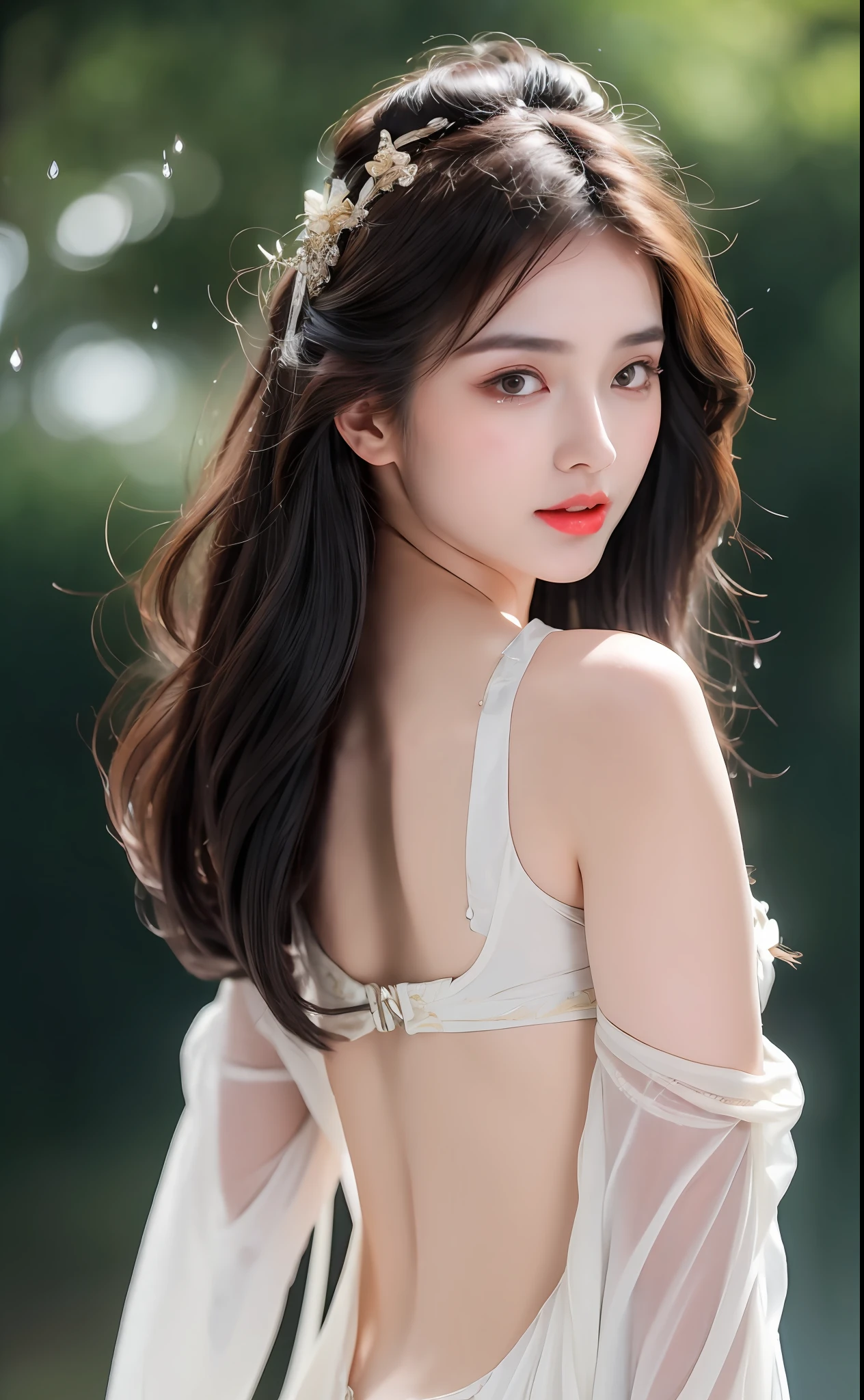 ((Best Quality, 8k, Masterpiece: 1.3)), Focus: 1.2, Perfect Body Beauty: 1.4, Buttocks: 1.2, ((Layered Haircut)), (Wet Clothes: 1.1), (Rain, Street:1.3), (Breasts: 1.2), (Hanfu: 1.2), Bare Shoulders, Bare Legs, Highly Detailed Face and Skin Texture, Fine Eyes, Double Eyelids, Whitened Skin, Long Hair, (Shut Up: 1.5), (Bokeh Background: 1.5), Big Breasts