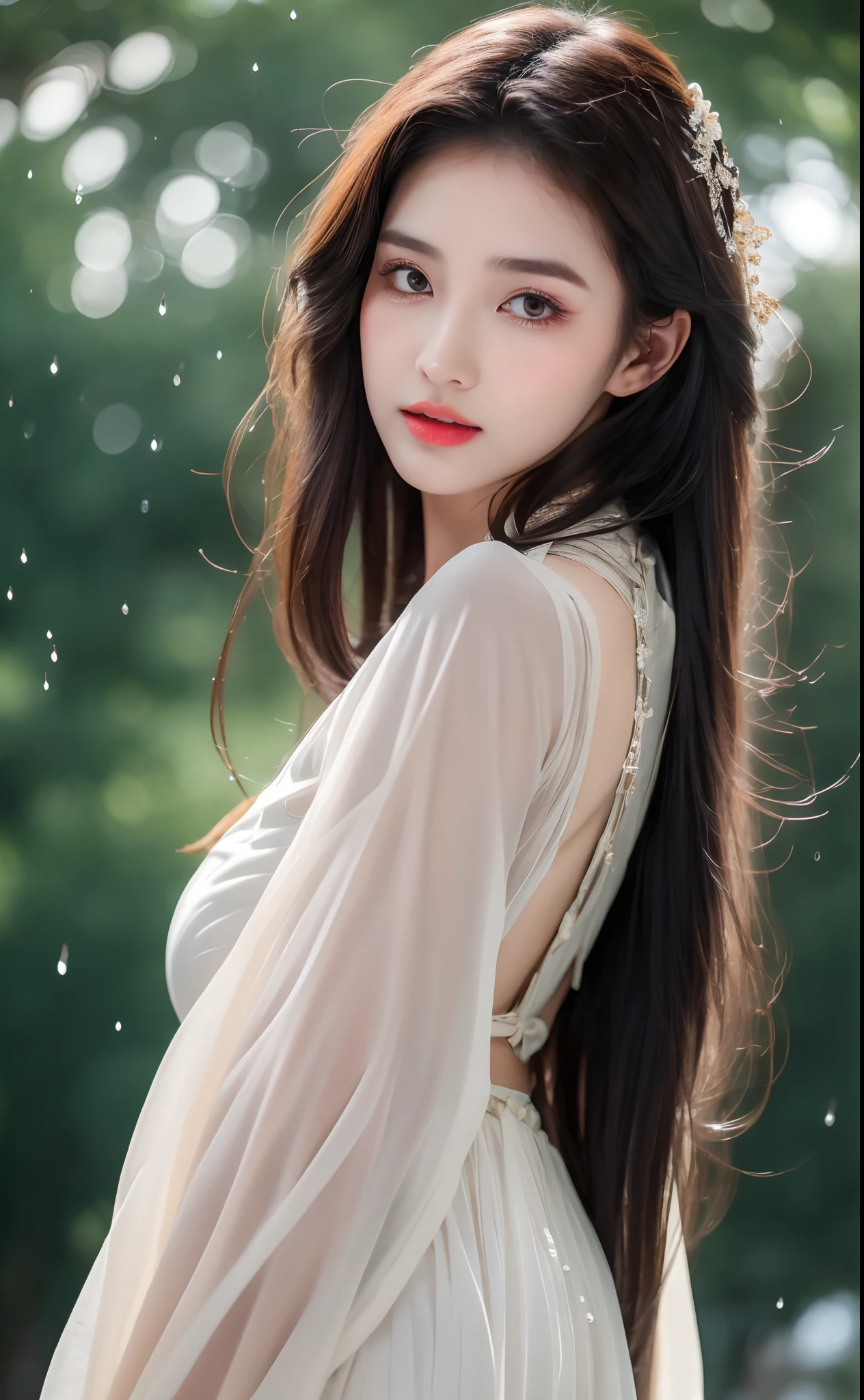 ((Best Quality, 8k, Masterpiece: 1.3)), Focus: 1.2, Perfect Body Beauty: 1.4, Buttocks: 1.2, ((Layered Haircut)), (Wet Clothes: 1.1), (Rain, Street:1.3), (Breasts: 1.2), (Hanfu: 1.2), Bare Shoulders, Bare Legs, Highly Detailed Face and Skin Texture, Fine Eyes, Double Eyelids, Whitened Skin, Long Hair, (Shut Up: 1.5), (Bokeh Background: 1.5), Big Breasts