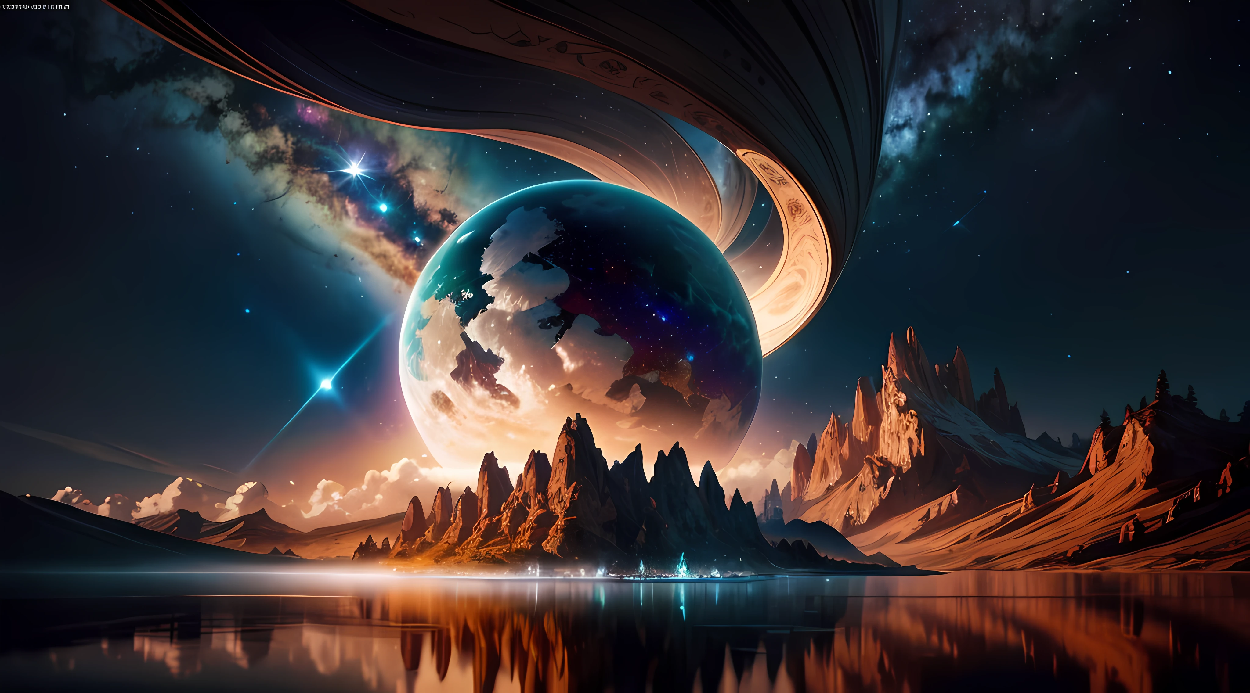 uma vista de um planeta com uma montanha e um lago em primeiro plano, Arte digital altamente detalhada em 4k, 8k arte impressionante, sci-fi fantasy wallpaper, Arte bonita UHD 4K, 8k hd papel de parede arte digital, Arte digital detalhada em 4k, planeta fantasia, 4 k hd wallpaper illustration, 4 k hd wallpaper muito detalhado, 4K HD papel de parede ilustrativo