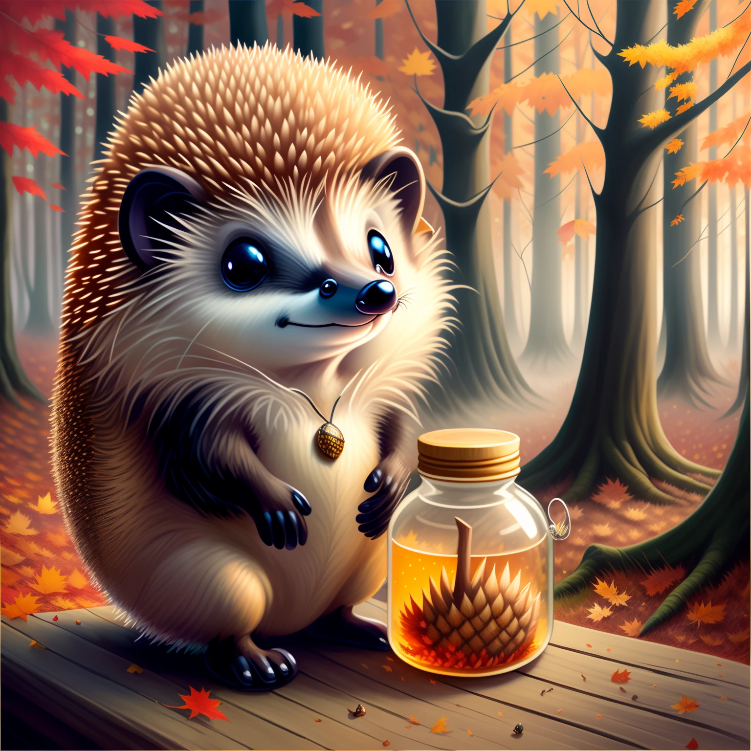 In the main plan is a hedgehog, holds a jar of honey in his paw, Very kind and dreamy, Ao fundo ((nightfall)), ((Autumn forest and fog)), which rises above the river, Monochromatic airbrush painting, airbrush art, airbrush art, realistic painting, Airbrush painting, airbrushed artwork, soft airbrushed artwork, Airbrush painting, cute artwork, anthropomorphic hedgehog, Tadeusz Brzozowski, whimsical art, Funny works of art