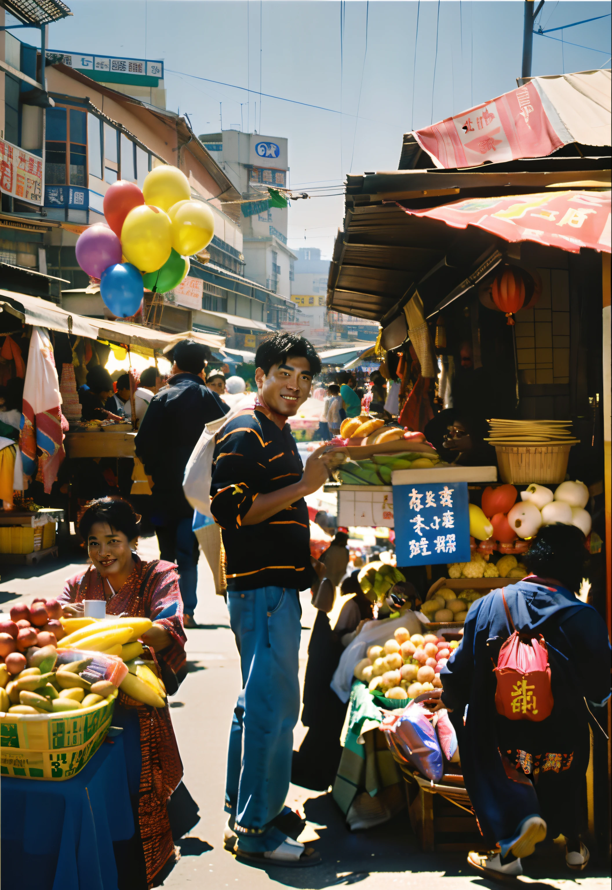 Draw a man standing in front of a food stall with a balloon, the vibrant echoes of the market, Market, street vendors, busy market, street market, ((oil painted)), wet market street, sunday afternoon, market setting, Album art, Cheerful ambiance, digital collage, overlaid with chinese adverts, people shopping, marketplace, nostalgic and euphoric