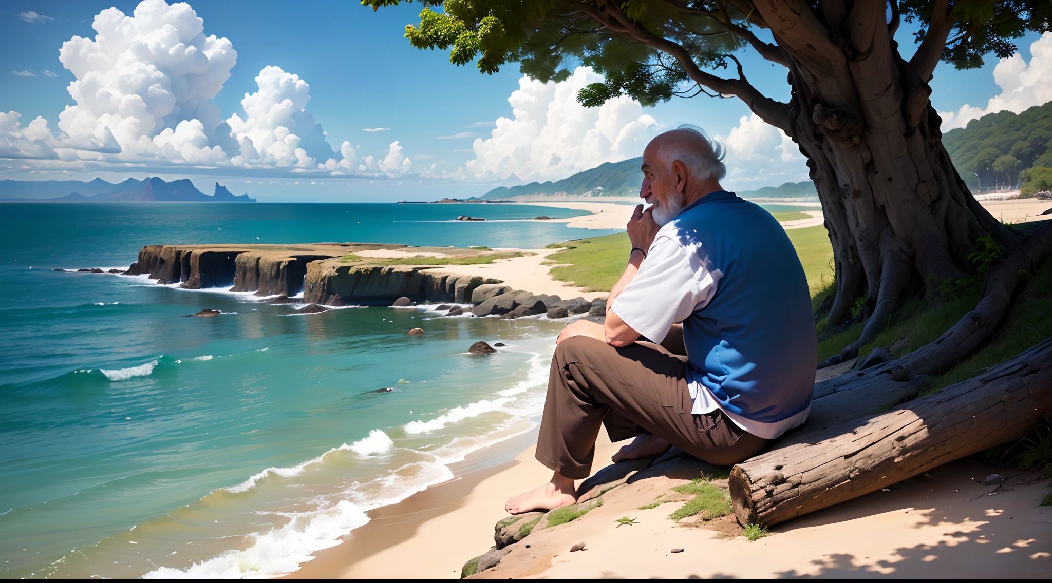 old old man, sentado de costas em um tronco meditando, ele esta em uma colina, You don't see his face because he's looking at the horizon