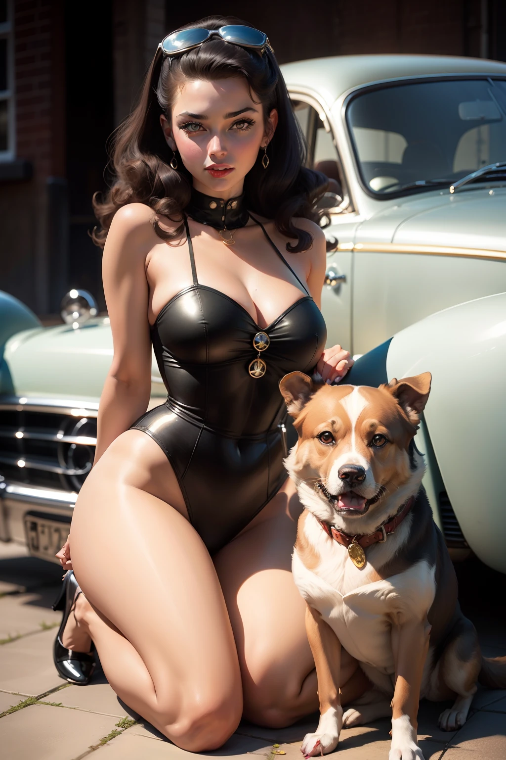 painting of a woman, sitting on the ground with a dog in front of a beautiful Mercedes car, Gil Elvgren's style, Gill Elvgren, Artgerm and Gil Elvgren, pinup art, girl pinup, girl pinup, Vintage pin app, pinup, Pin - up, pretty, fix, pin up girl, The girl from the poster in the style of pin-up, pin up girl