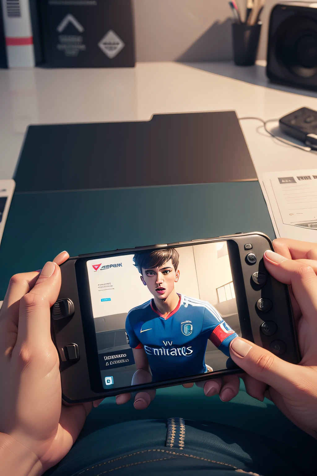 want a detailed illustration of the youtuber playing the game Fifa Mobile with his subscribers.