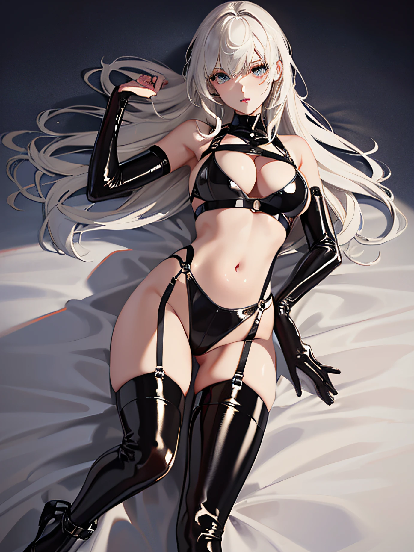 (top quality, masterpiece: 1.2), 1girl, beautiful, cute, beautiful, style, sexy, elegant, attractive, sexy, beautiful and well-groomed face, beautiful eyes, beautiful hair, smooth skin, beautiful mouth, smooth legs, balanced body, breasts fully exposed, sexy cleavage,pvc poseable, wearing atsuko kudo latex outfit, intricate wet latex suspenders, intricate latex set, full body with costume, 2b, 2 b, noire, ((wrapped in leather straps)),((harnesses and garters)), sleeveless, navel, (Costumes that show the navel), (((high-leg clothes)))