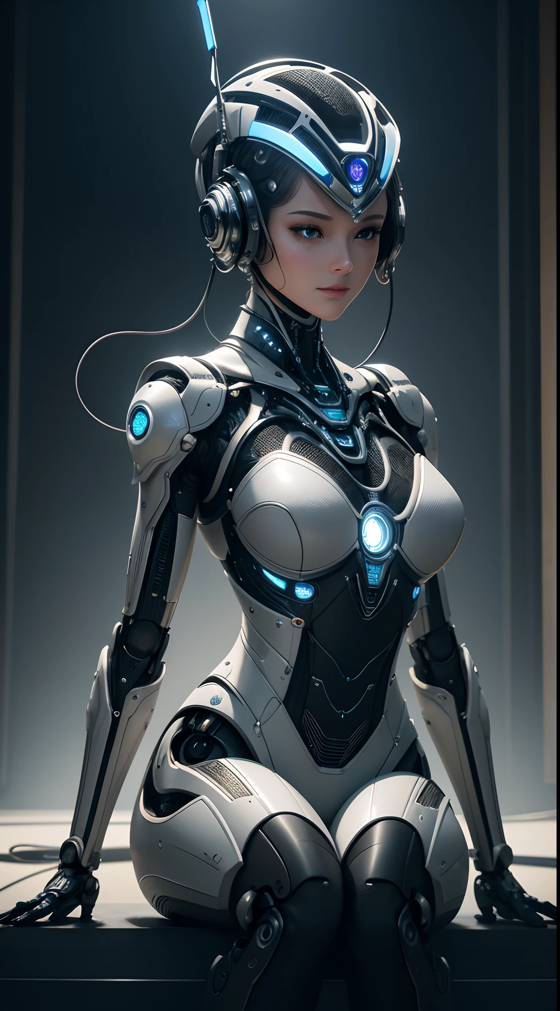 Intricate 3d rendering of highly detailed beautiful ceramic silhouette female robot face, robot, robot part, 150 mm, beautiful studio soft light, rim light, vibrant details, luxurious cyberpunk, lace, surreal, anatomy, facial muscles, cables wires, microchip, elegant, beautiful background, octane rendering, HR Giger style, 8k, best quality, masterpiece, illustration, very delicate and beautiful, very detailed, CG, unity, wallpaper , (fidelity, fidelity: 1.37), amazing, fine detail, masterpiece, best quality, official art, extremely detailed cg unity 8k wallpaper, absurd, unbelievably absurd, robot, silver helmet, full body, sitting write