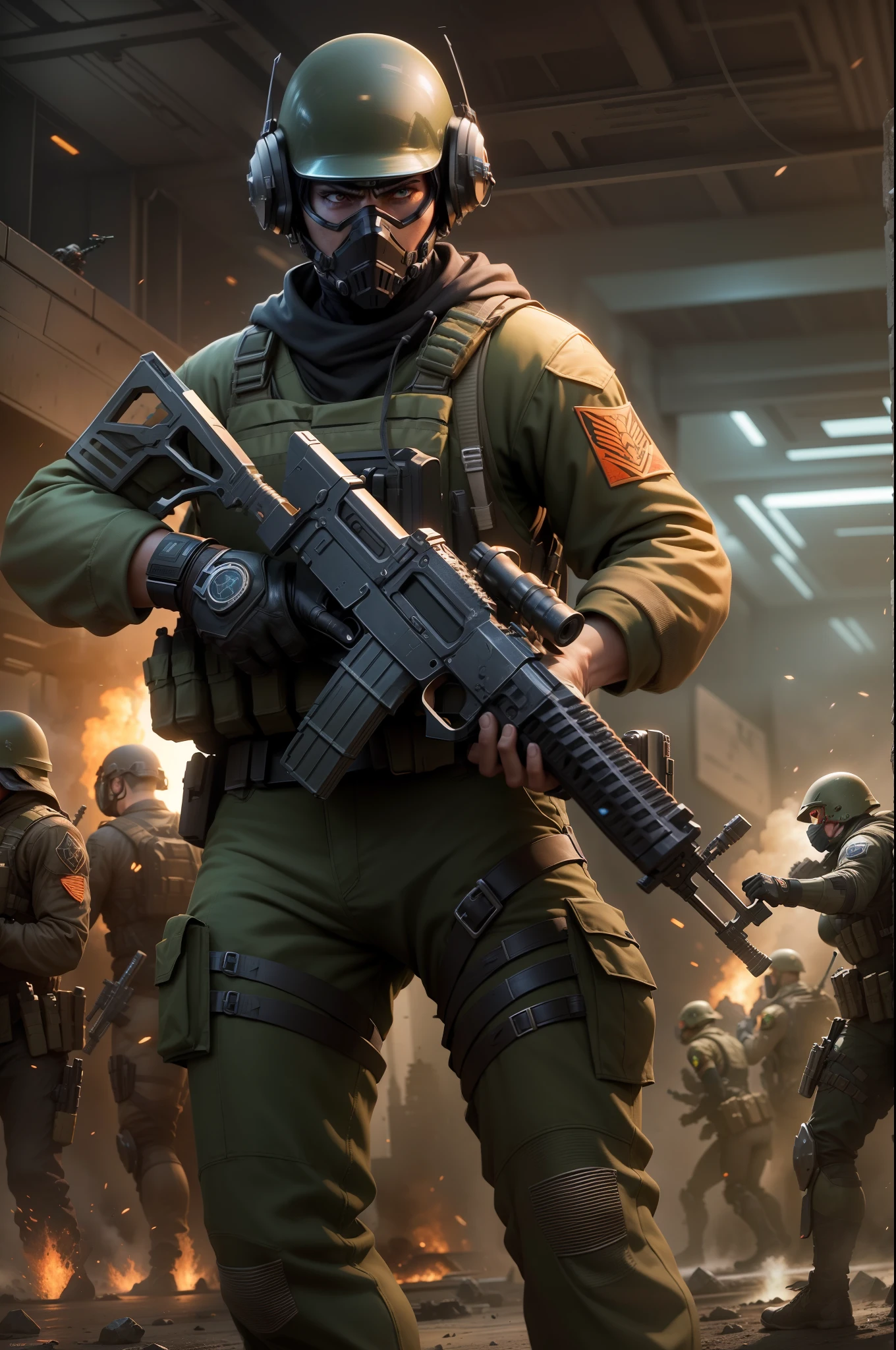"Uncanny counter strike. Create a stunning artwork with top-notch quality, showcasing a futuristic battlefield. Focus on futuristic weapons, advanced technology, intense action, and heroic characters. Include striking visual effects, dynamic lighting, and vibrant colors to enhance the sci-fi atmosphere. Emphasize precision and strategy in the composition, capturing the intensity and adrenaline of the battle.