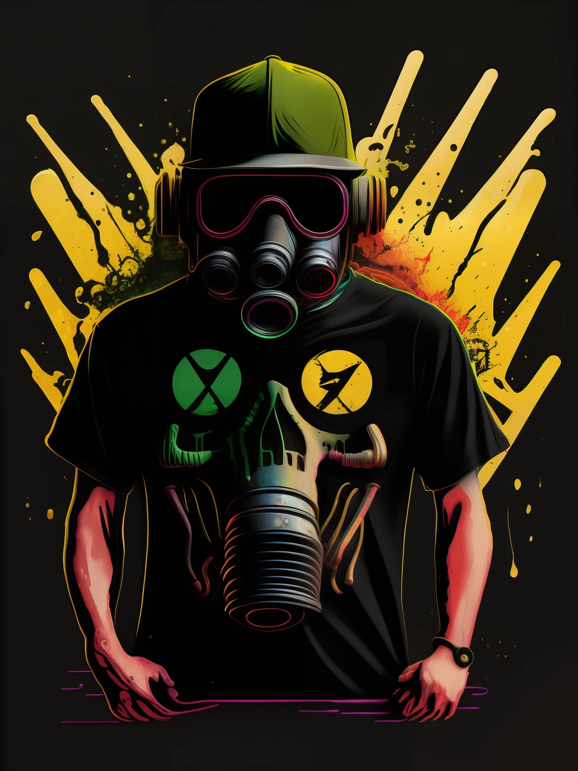 pixador skeleton with gas mask and cap, splash, spray, tracks, 80's, vector image, t-shirt design, isolated, black background, illustration, use only yellow and red green colors, with letters "TDR" highlighted