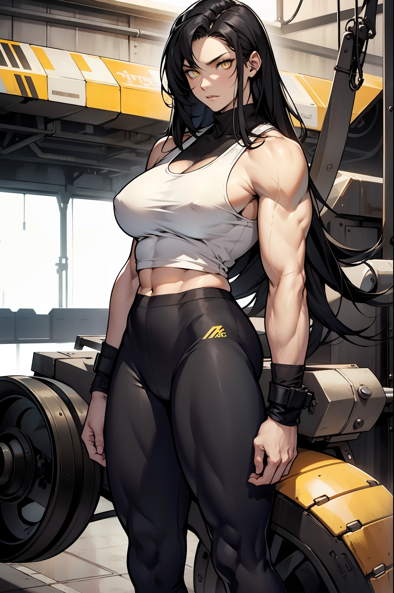 black hair, very long hair, yellow eyes, thick thighs, large breasts, (muscular), pale skin, leggings, tank top