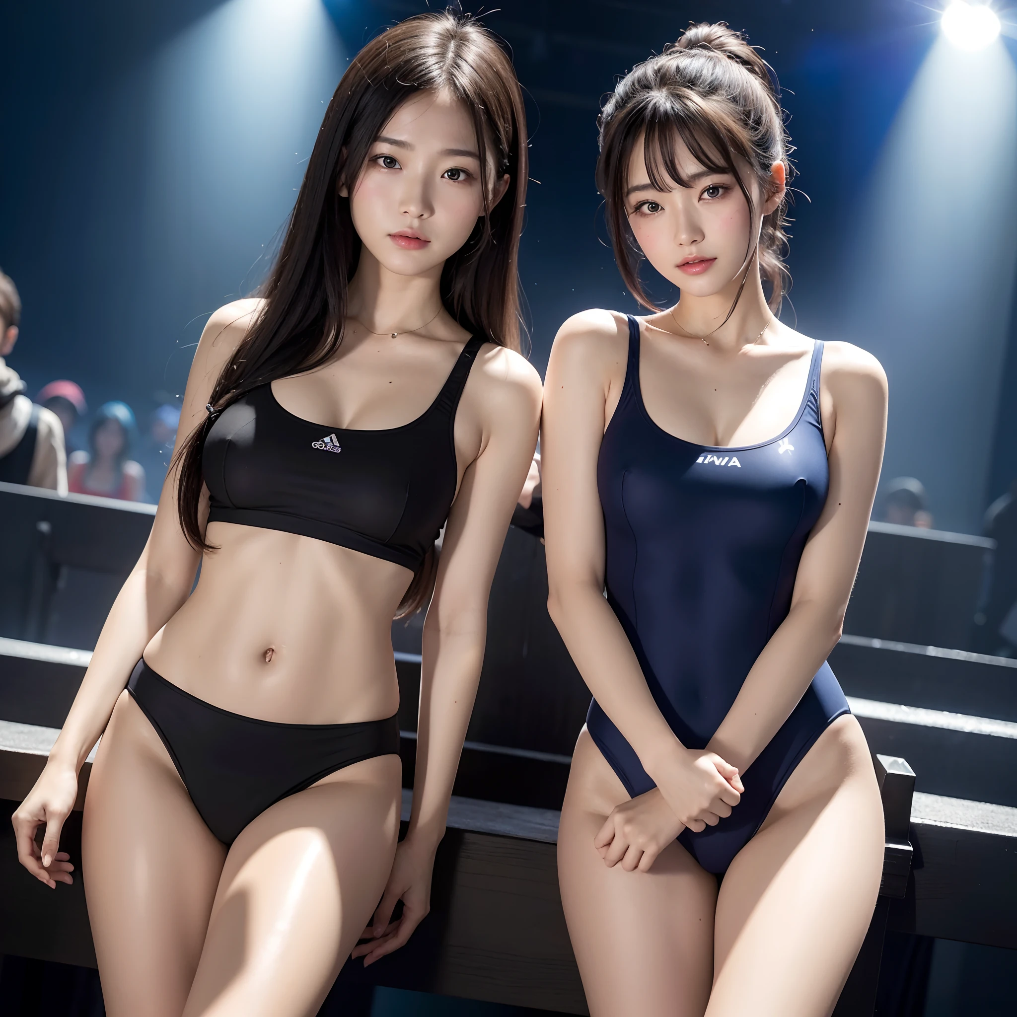 (in 8K、top-quality、超A high resolution、​masterpiece:1.2)、(Photorealsitic:1.4)、(detailed skins:1.3)、Beautiful Japan girl at 18 years old、(Detail Eye) 、1人、(Girls are at the night rave festival、I'm wearing a school swimsuit。)、Light rays from LED screen and stage create cinematic lighting effects、Make the scene look like a masterpiece。Her sweaty skin is perfect、long hair with bright colors,、Adding to the vibrant atmosphere of the festival。The camera focuses on her feet、Contracted by rays、Emphasis is placed on。Lens flare and high resolution texture GPT-3.5、Elaborate CG、cowboy  shot、beautiful  lighting、profetional lighting、(foco nítido)