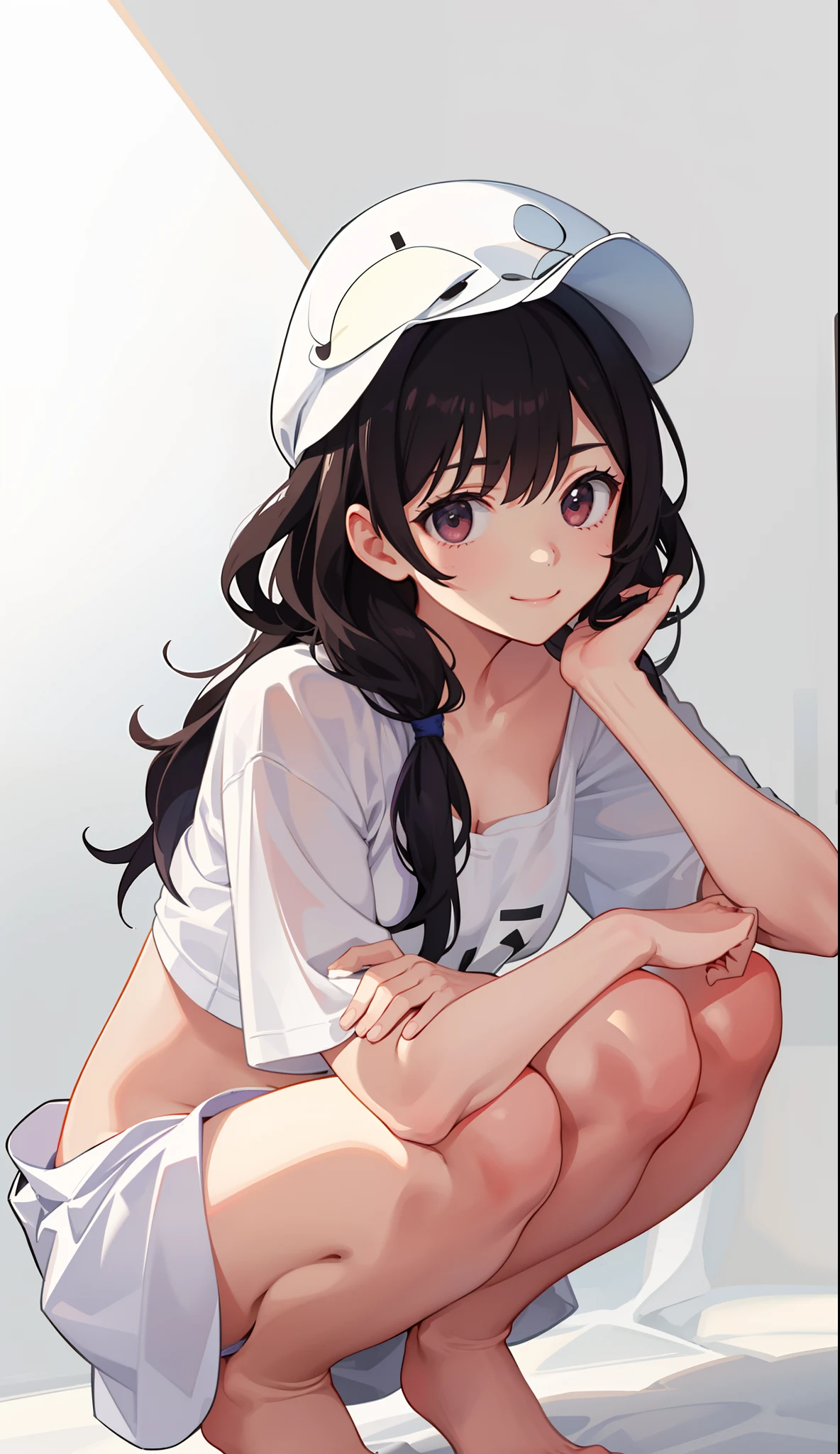 1girl in、A smile、Underwear、Cute underwear、Upper body portrait、Squatting panchira、