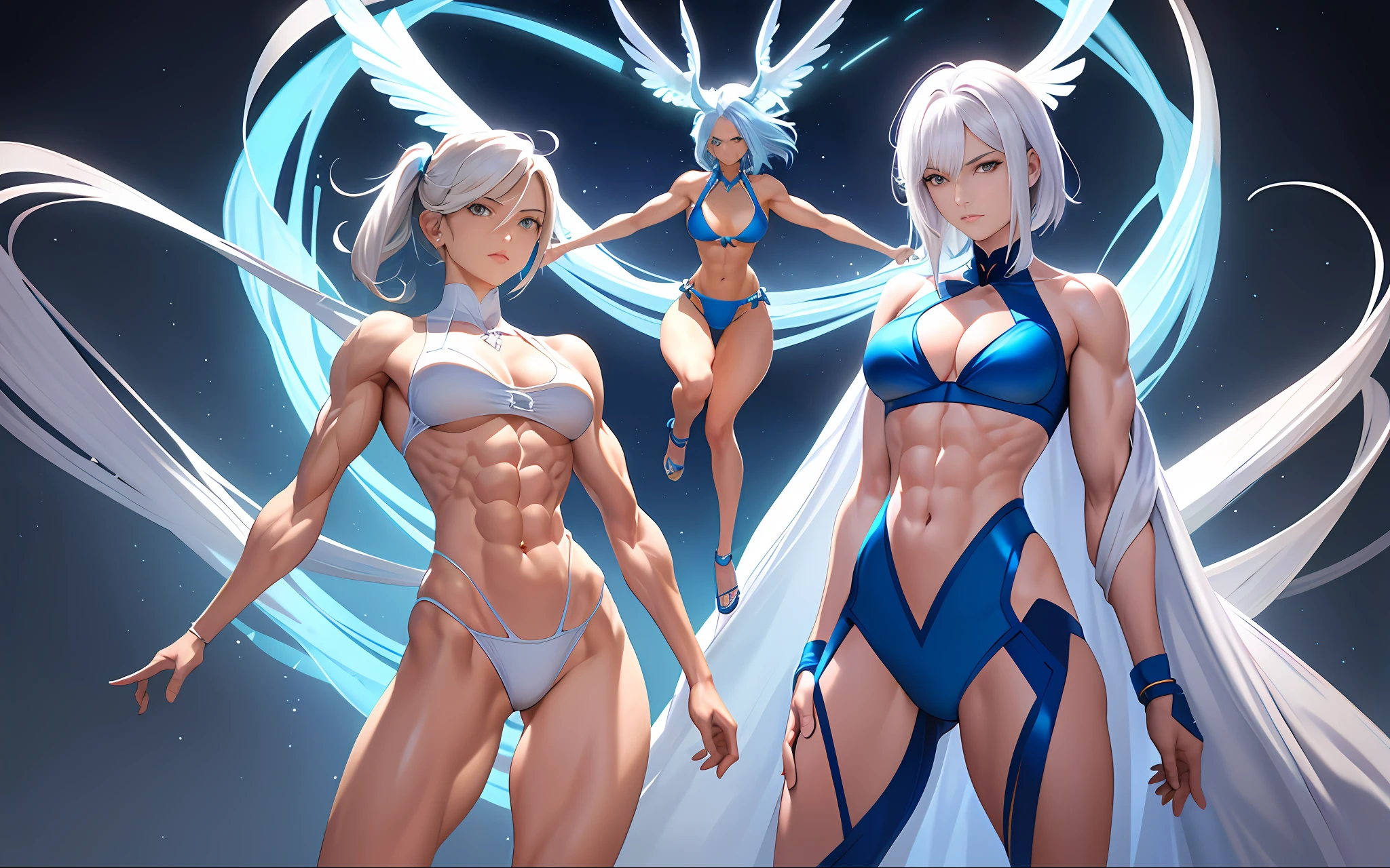 (tmasterpiece), (best qualtiy),A detailed ,femele,Beautiful women, with short white hair,Eight-pack abs,Expose abs,(body builder:1.5),Blue super sexy super high fork super deep V conjoined bikini,The body and legs appear in the picture,Body facing the camera,Full, incredibly large breasts,Three women,Light shines from the front,The limbs are muscular