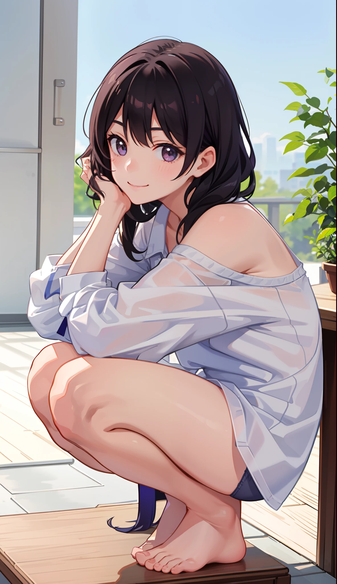 1girl in、A smile、Underwear、Cute underwear、Upper body portrait、Squatting panchira、