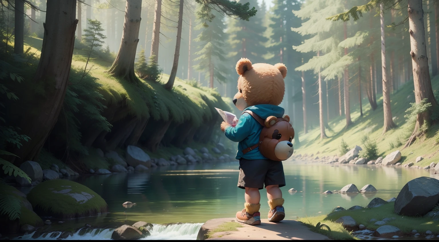A cartoon teddy bear character, age 6, in the middle of the forest, in the form of a cartoon, wearing shorts, next to a river, with a colorful treasure map.