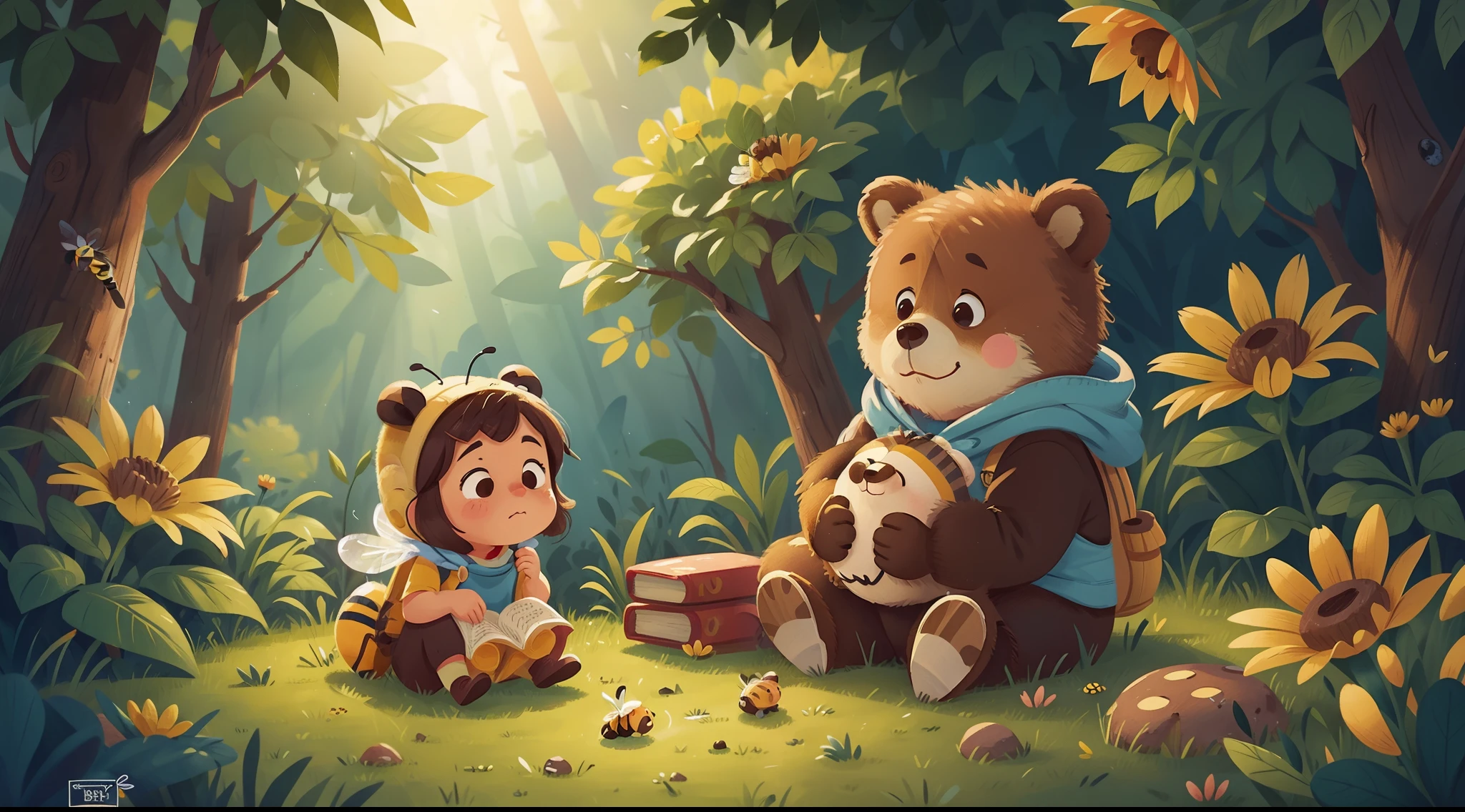 Illustration of a sad little bee talking to a bear