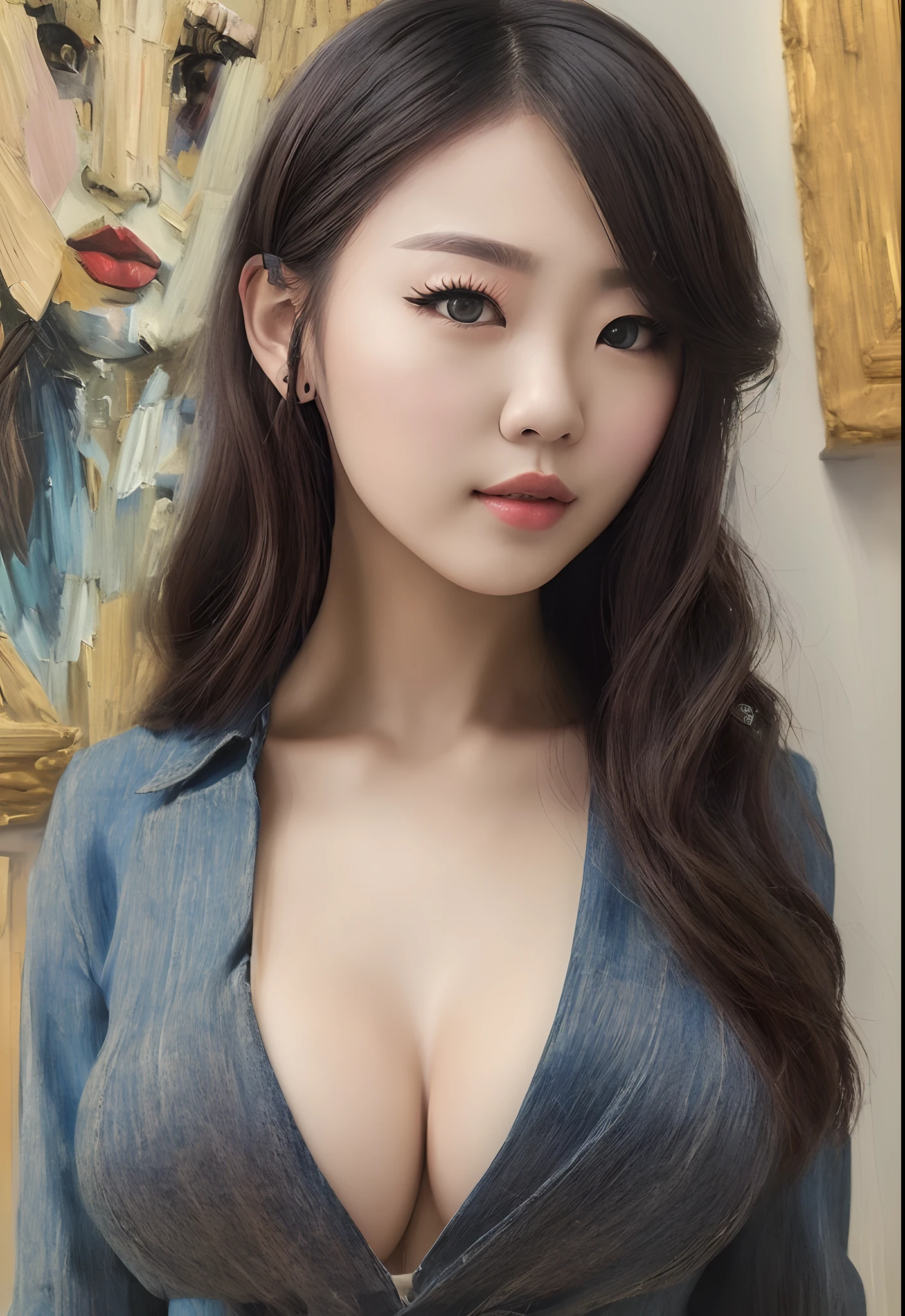 ((Best quality, 8k, Masterpiece :1.3)), 1girl, Pretty woman with emphasizing  (random hairstyles, Huge breasts :1.2), Casual outfit :1.2, Indoor, Ultra-detailed face, Detailed eyes, Double eyelid, Japanese girl, black long hair