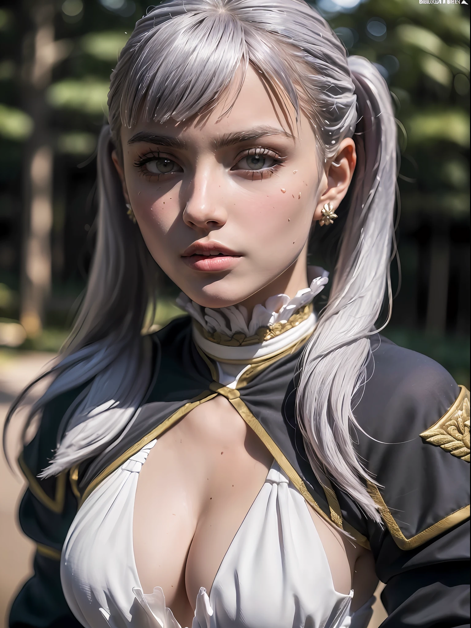 ((Masterpiece, high quality, high resolution:1.4), (standing:1.2), noelle_silva, long hair, twintails, bangs, earring, jewelry, silver hair, purple eyes, mage_dress, white dress, cleavage, capelet, long sleeves, outdoors, nature, highly detailed skin, skin pores, (highly detailed face:1.2), (highly detailed eyes:1.2), realistic pupils:1.2, full face blush, full lips, (perfect anatomy:1.1), (perfect proportions:1.1), (photography:1.1), (photorealistic:1.1), volumetric lighting, dynamic lighting, real shadows, (highres:1.1), sharp focus, (realistic, hyperrealistic:1.4), intricate, high detail, dramatic, subsurface scattering, big depth of field, vivid, polished, sharpened, ((full Sharp)), (extremely absurdres),16k hdr,