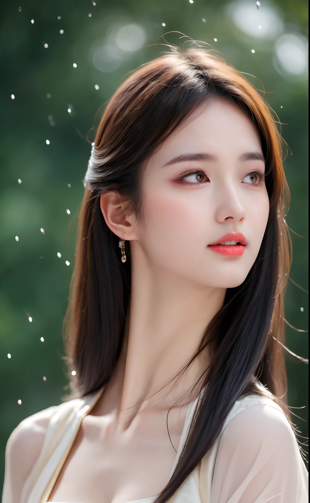 ((Best Quality, 8k, Masterpiece: 1.3)), Focus: 1.2, Perfect Body Beauty: 1.4, Buttocks: 1.2, ((Layered Haircut)), (Wet Clothes: 1.1), (Rain, Street:1.3), (Breasts: 1.2), (Hanfu: 1.2), Bare Shoulders, Bare Legs, Highly Detailed Face and Skin Texture, Fine Eyes, Double Eyelids, Whitened Skin, Long Hair, (Shut Up: 1.5), (Bokeh Background: 1.5), Big Breasts