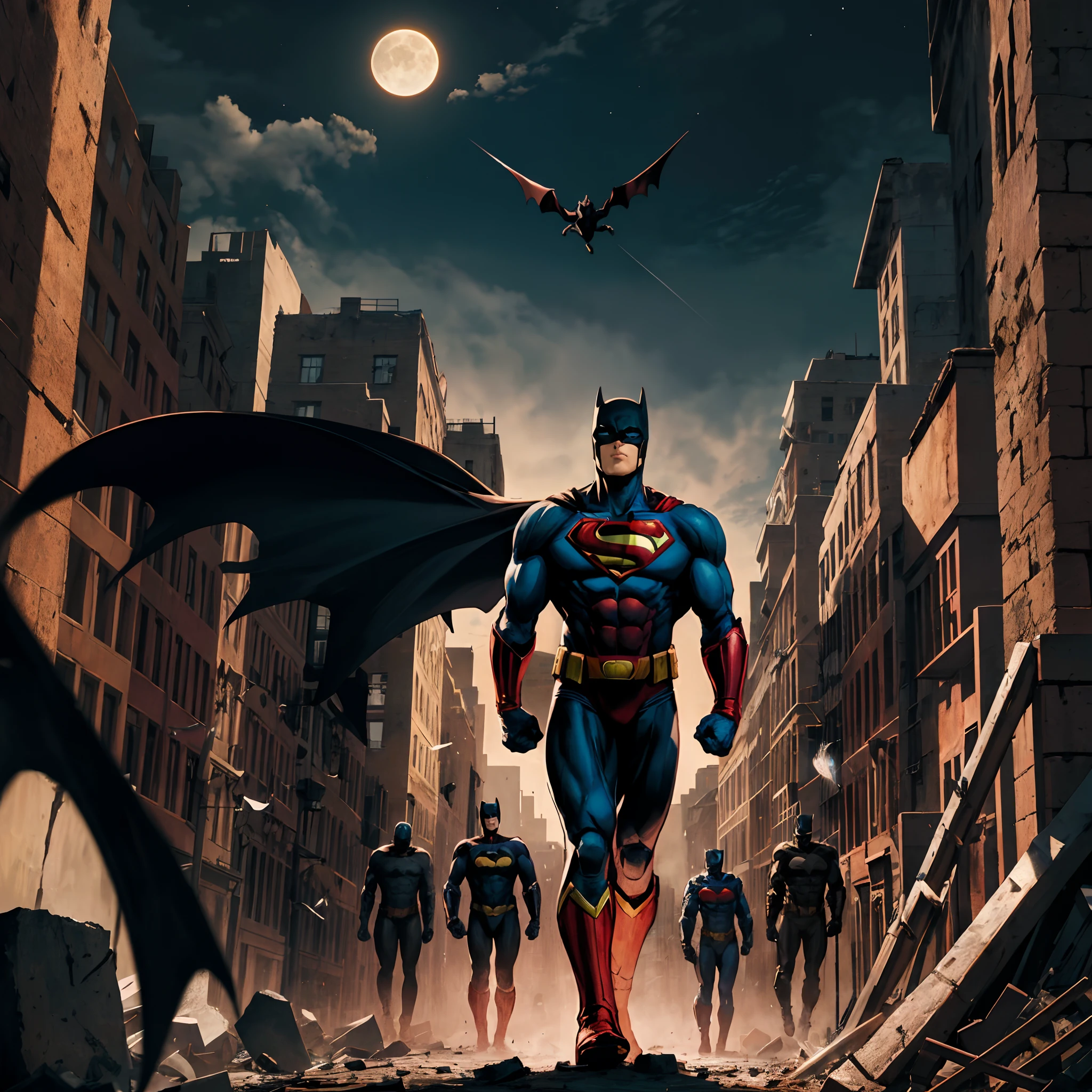 4k marvel, dc, the boys, war, European city, rubble, strife, epic proportions wide angle, peoples, dark sky, moon, soldiers, artificial intelligence, wisdom, creatures, giants, superman batman