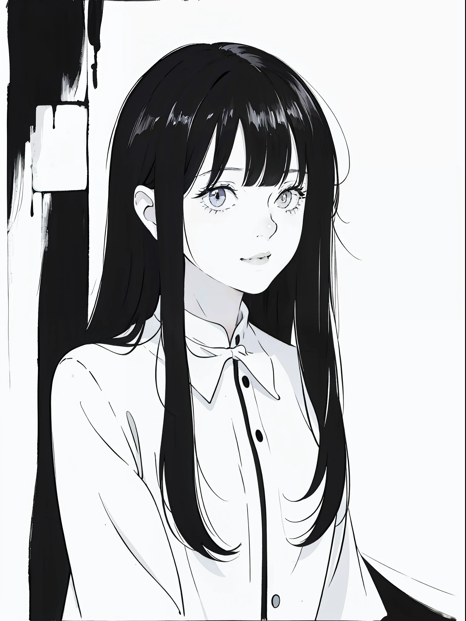 anime girl with long black hair and a white shirt,((black and white portrait)),black and white picture,Smile,minimalist painting,Simple strokes,messy hair,Messy bangs,Shy,Pure white shirt,Heavy makeup,Headshot,Put lipstick on one's mouth