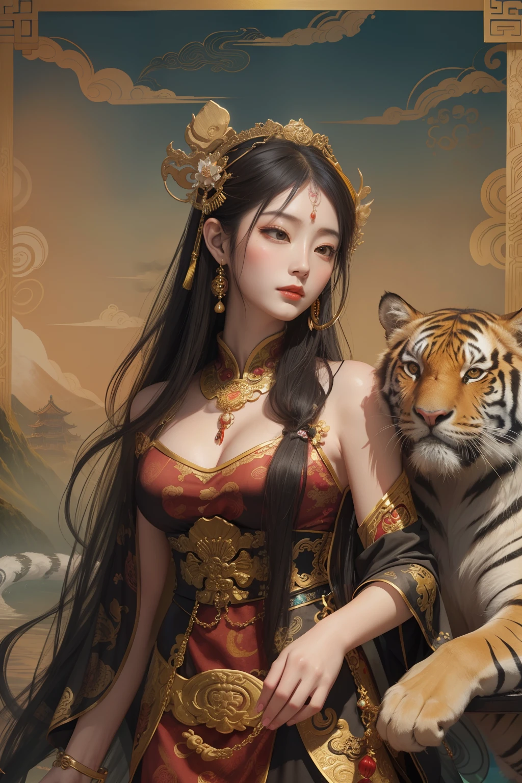 an ancient Chinese goddess, guanyin of the southern seas, Guanyin, Inspired by China, Avalokiteshvara rides a tiger，,Serene expression,shui mo hua,Buddha,Buddhist,Lotus,Chinese painting style,Thangka style