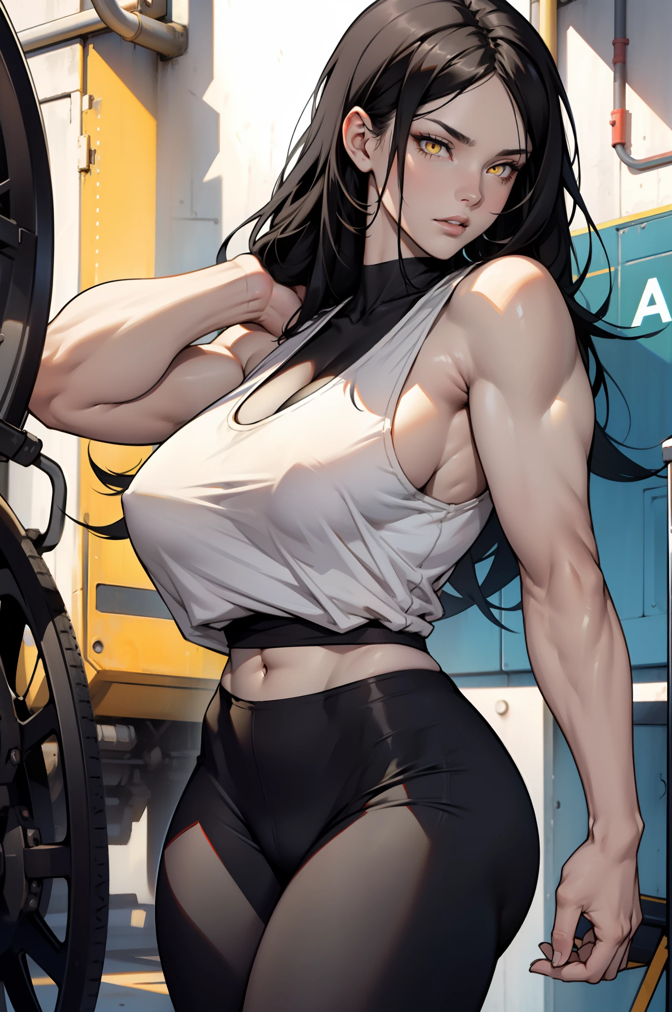 black hair, very long hair, yellow eyes, thick thighs, huge breasts, muscular, ((pale skin)), leggings, tank top, toned body, 1 girl