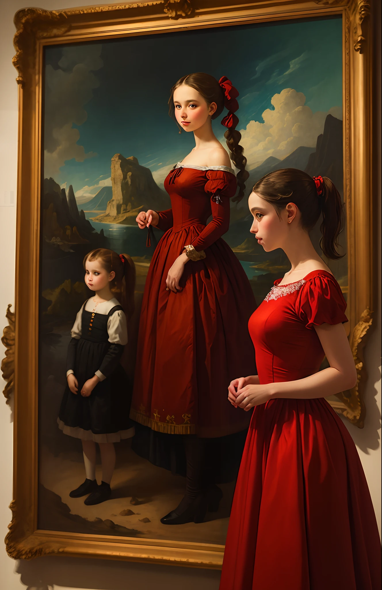 Blue-eyed girl with two ponytails and a red dress who stands near a painting in a museum