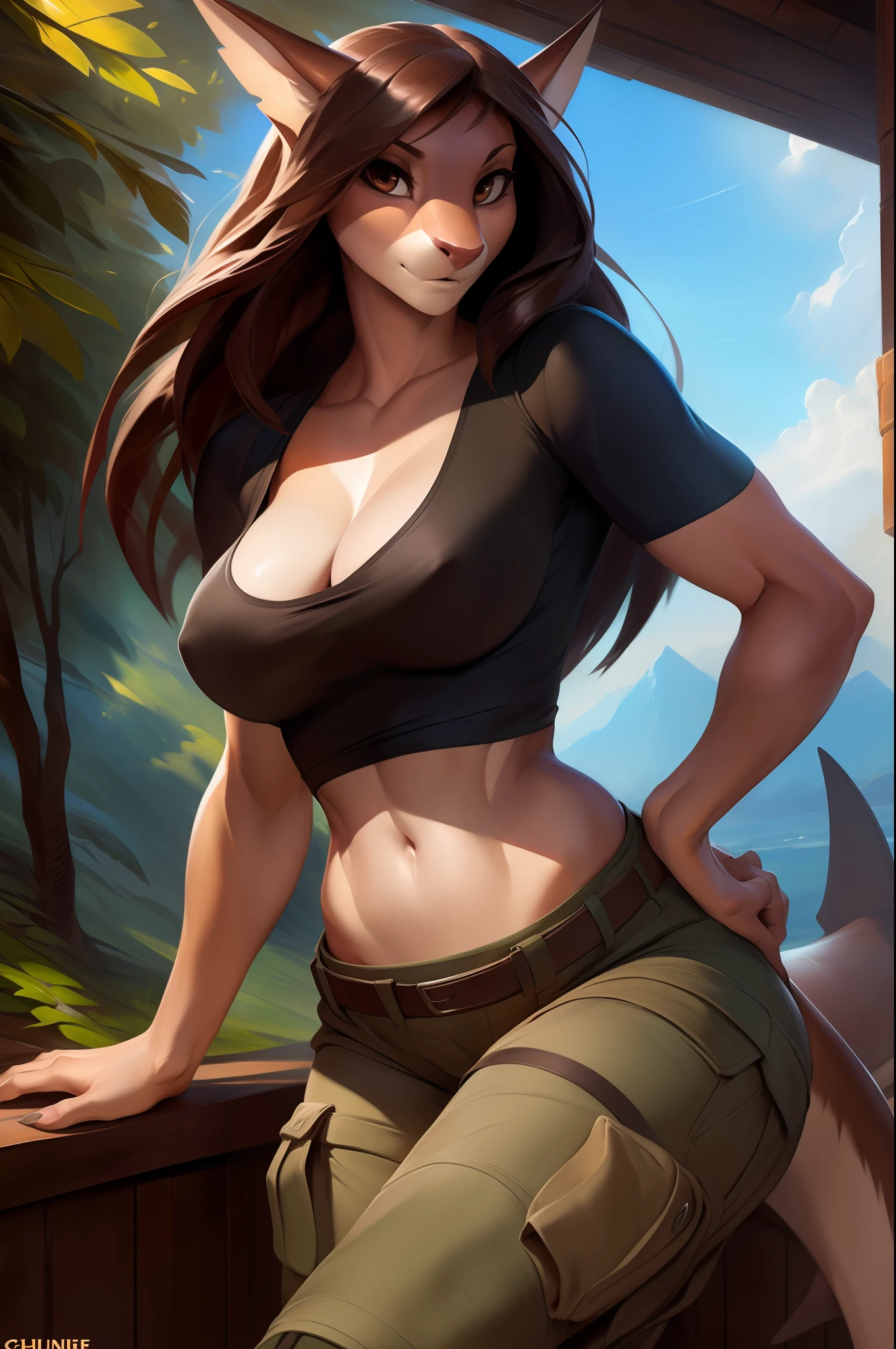 4k, high resolution, best quality, masterpiece, perfect colors, perfect shadows, beautiful and detailed portrait of a (((feminine))), perfect lighting, posted on e621, (by Chunie, by Einshelm), furry, anthro, furry art, ((portrait)), Female, black legs from foot to knee, Beautiful brown eyes, fit body, perfect masculine body, detailed fur, detailed face, ((Bonifasko lighting)), (detailed eyes), perfect pupils, Tall, Long brown hair, messy long hair, Wide hips, big legs, C cup breasts, Camo cargo pants, wearing clothes, Arms white, Black T-shirt, Shark