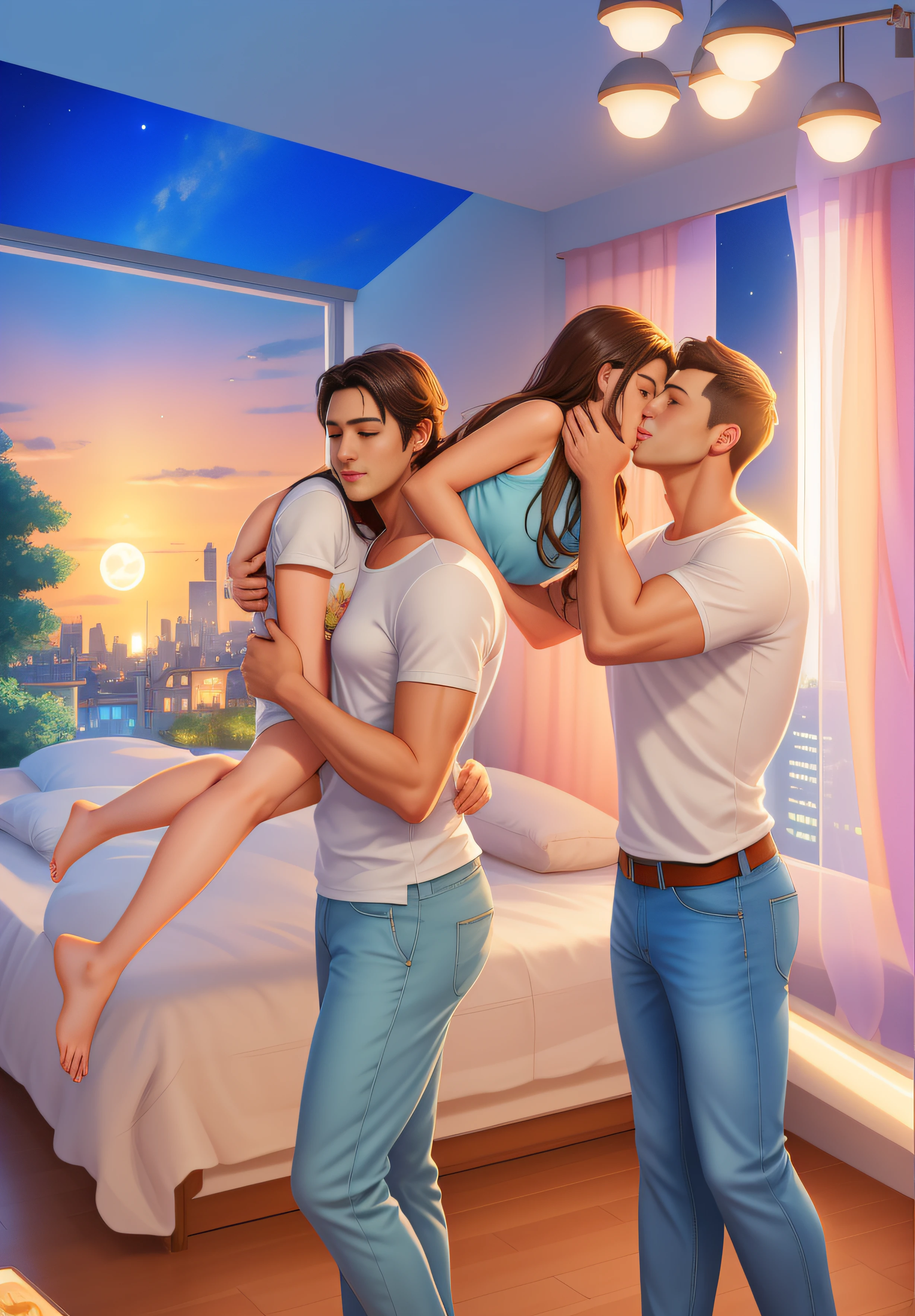2 Men and woman in bedroom with bed, Kiss of a man and a woman, carries a woman on her shoulder, brunette dressed in a short dress, T-shirt and pants, T-shirt and summer pants, modern bedroom, big bed, Flower pots, Floor flowers, Large window overlooking the city, the night, Lights, soft light, The light of the moon in the window, higly detailed, Beautiful bodies, Clear image, Commercial illustration with high detail, cover illustration, commission for high res, in style of digital illustration, Close the scene, romance novel cover, cover illustration, background illustration, Figure 8 K, realistic art style, professional illustration, art cover, Stylized works of urban fantasy, official illustration, digital illustration -