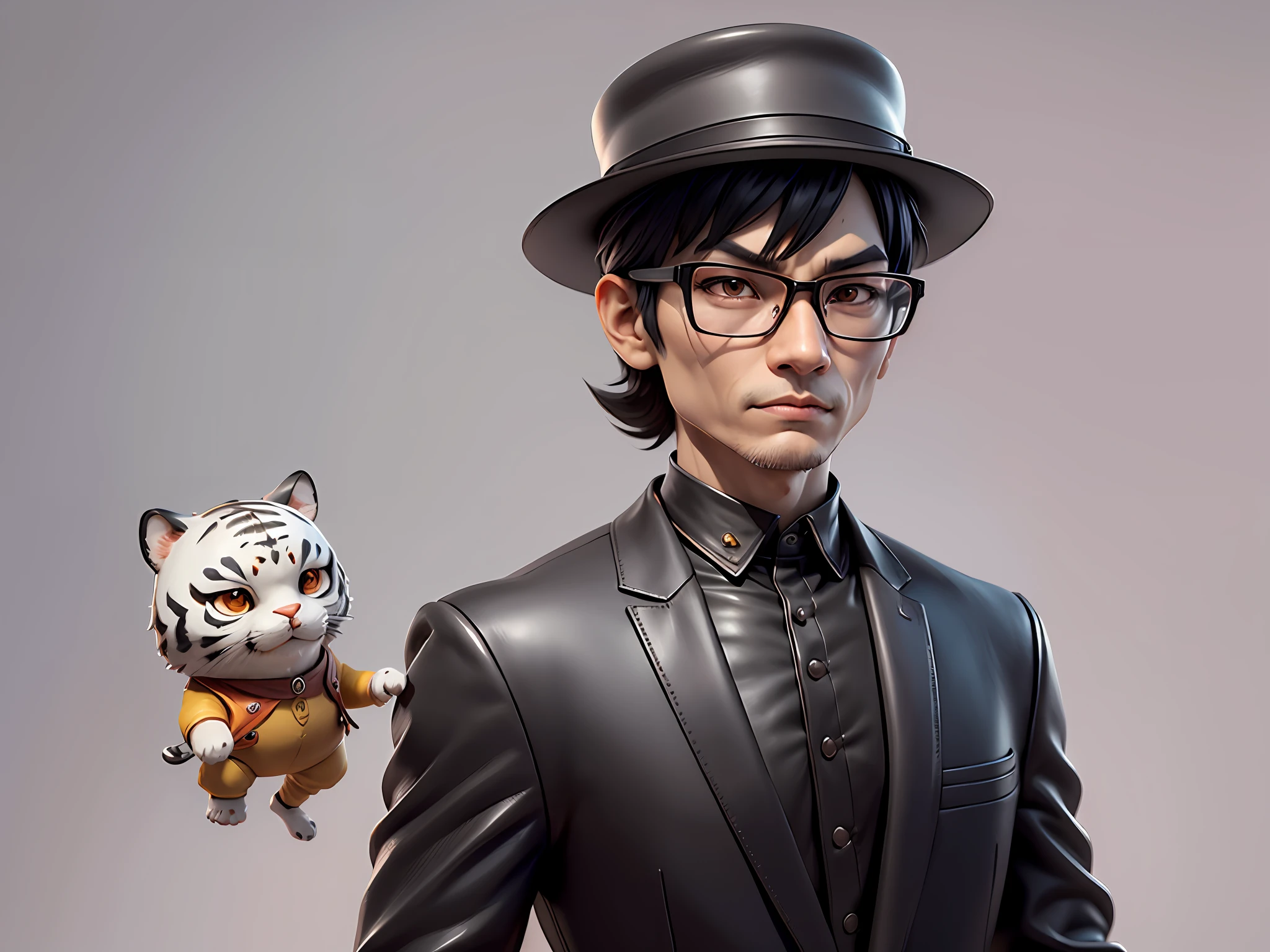Young man with oriental face in leather hat, tiger, oriental face in formal suit, short black hair, silver glasses, digital painting, 3D character design by Mark Clairedon and Pixar and Hayao Miyazaki and Akira Toriyama, the illustration is a high-definition illustration in 4K resolution with very detailed facial features and cartoon-style visuals.