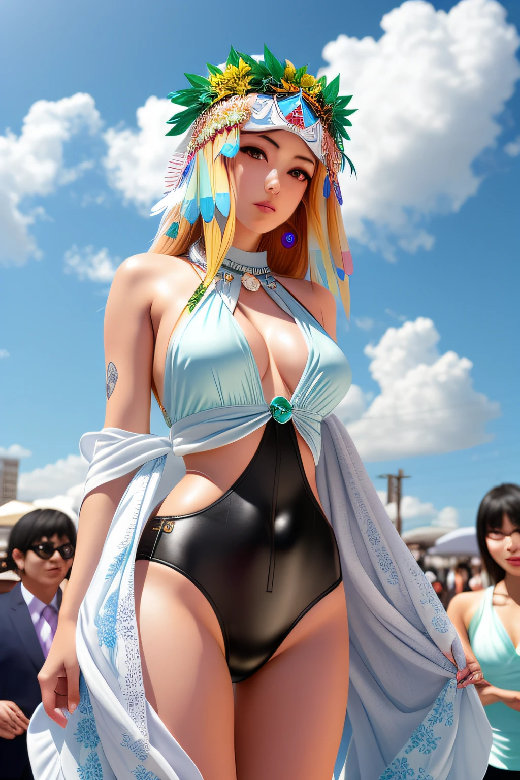 Alafi in a bikini and headdress walks the street, anaglyph effect ayami kojima, hajime sorayama style, hajime isayama, sakimichan hdri, hajime sorayama designed girl, ahegao, sakimichan frank franzzeta, highly detailed giantess shot