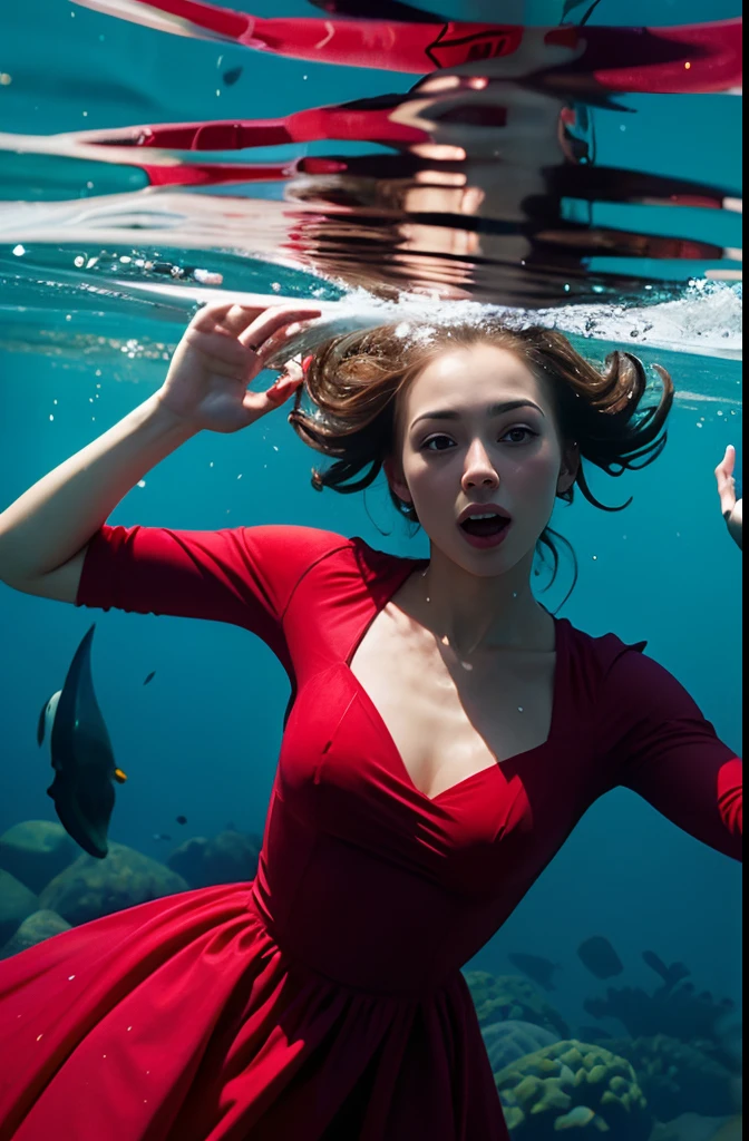 reverse, under water, Girl in red dress develops in water