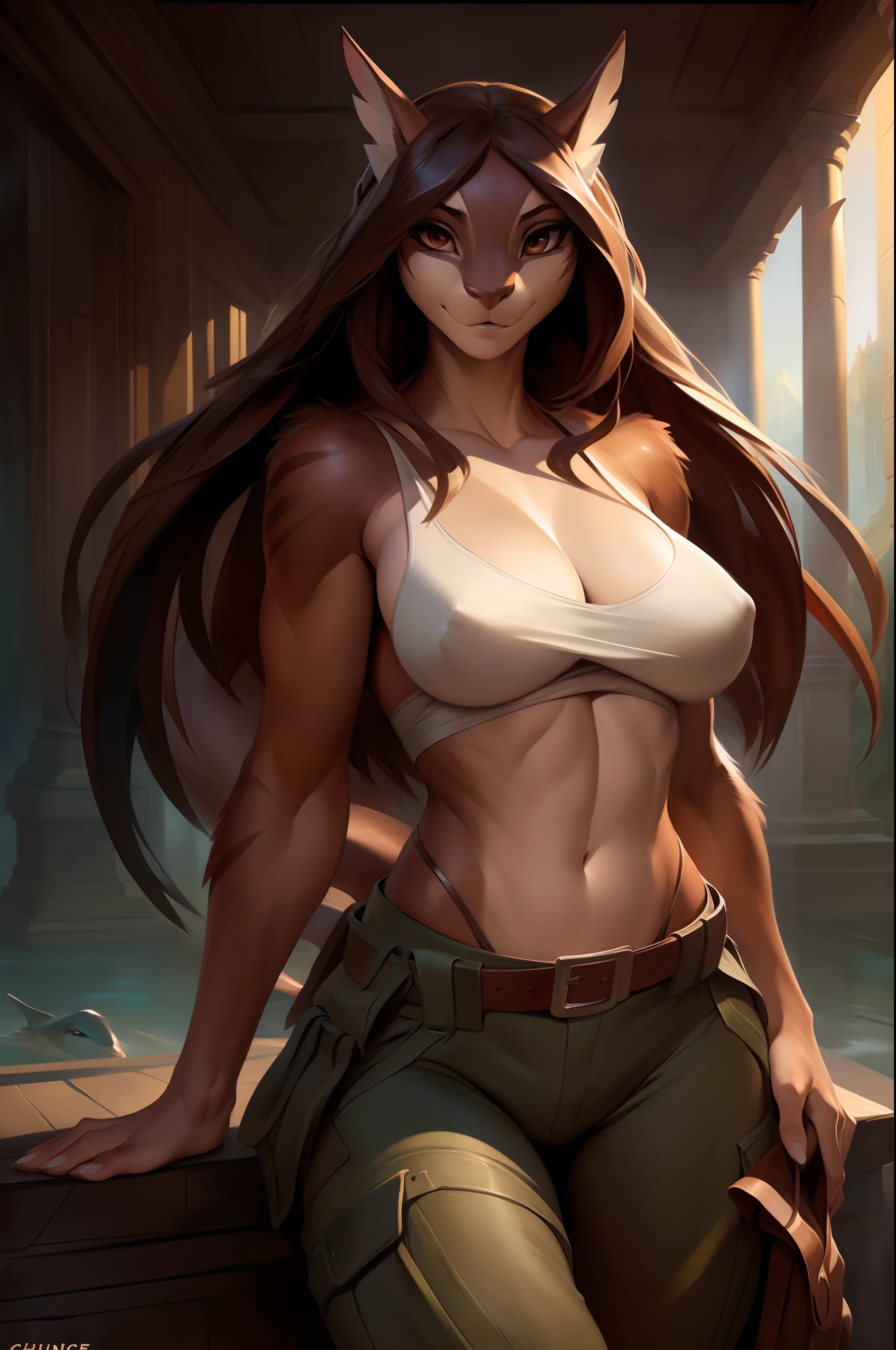 4k, high resolution, best quality, masterpiece, perfect colors, perfect shadows, beautiful and detailed portrait of a (((feminine))), perfect lighting, posted on e621, (by Chunie, by Einshelm), furry, anthro, furry art, ((portrait)), Female, black legs from foot to knee, Beautiful brown eyes, fit body, perfect masculine body, detailed fur, detailed face, ((Bonifasko lighting)), (detailed eyes), perfect pupils, Tall, Long brown hair, messy long hair, Wide hips, big legs, C cup breasts, Camo cargo pants, wearing clothes, Arms white, Black T-shirt, Shark