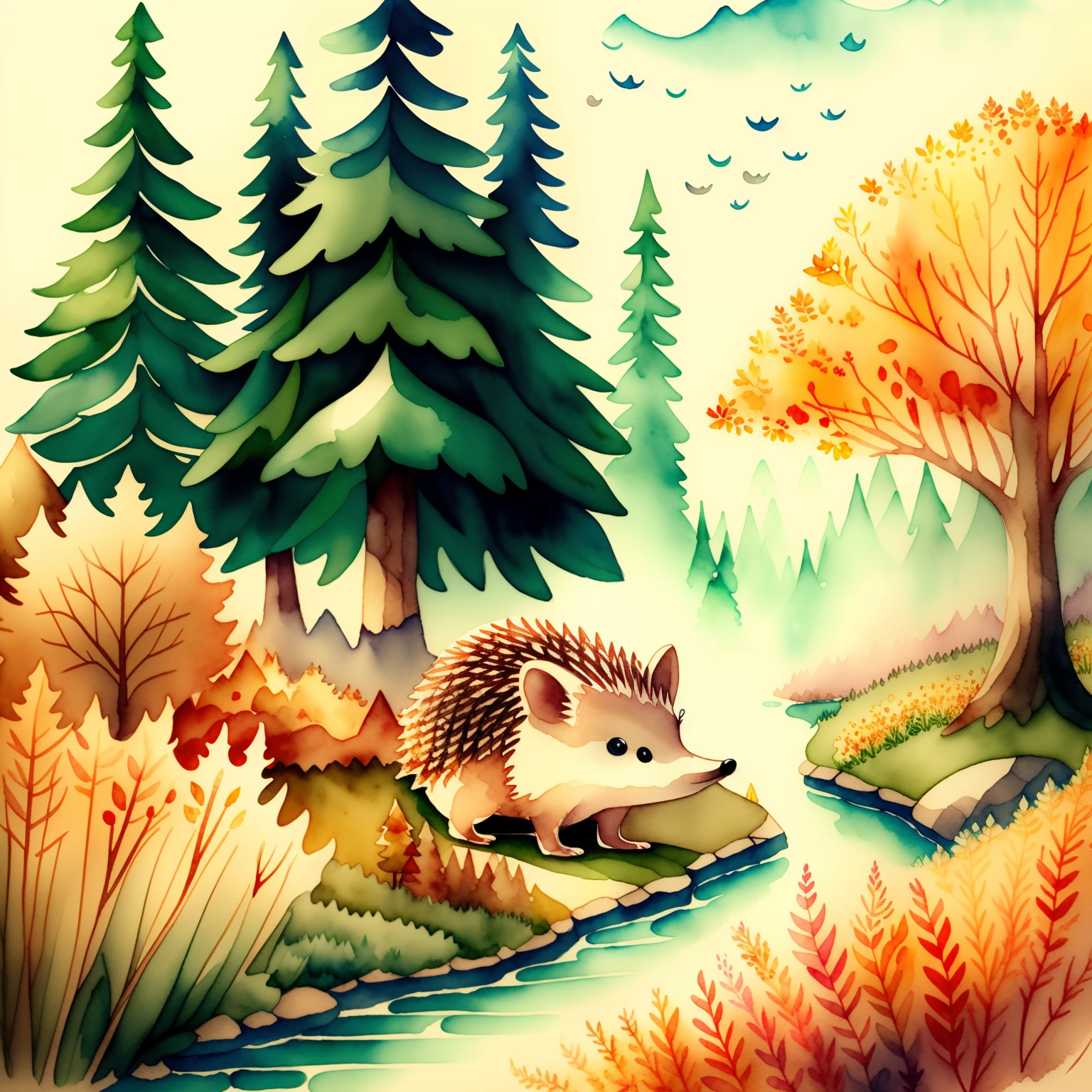In the main plan is the Hedgehog, Very kind and dreamy, In the background is an autumn forest and fog, which rises above the river, watercolor illustration