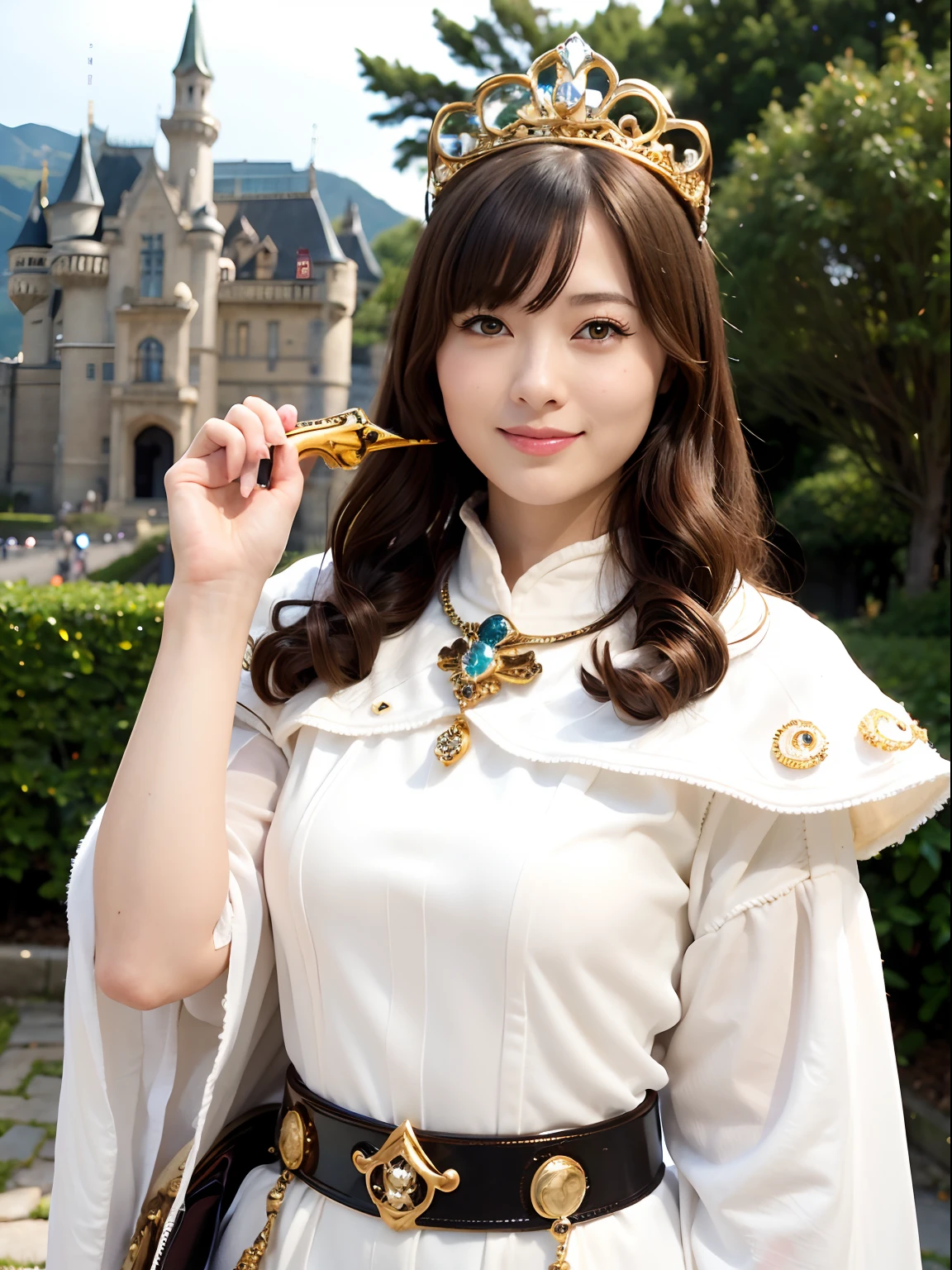 (masutepiece), Professional , masterpiece、top-quality、photos realistic , depth of fields (Gemstone Silver Metal Body:1.9),(Matte White、Jewel Gold Weapon、(Gorgeous castle background)、(ultimate beauty girl)、(Jewel Metal Body:1.4),Gorgeous Jewel Metal Weapons , Detailed Sword of the Brave ,( Soldier background in metal armor) ,warhammer 40k , adepta sororitas,Detail and ornate jewel crown、独奏、Black hair、(Gangle's forest background)、Beautiful Caucasian beauty、1a person、dynamic ungle,(((Diamond tiara with detail and luxury)))、a small face、A smile、Powerful poses、(Gorgeous castle background)、huge filesize、20 year old beautiful woman、Stand in the center of the screen、Thin female fingers、Straight long hair、Beautiful Caucasian beauty、Whole body、