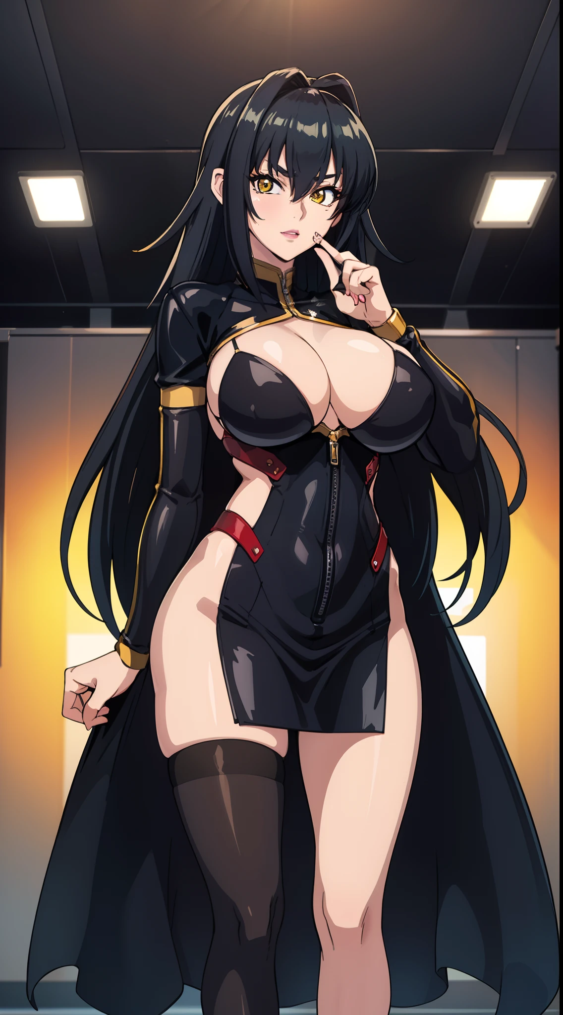 professional artwork, Intricate Details, field of view, sharp focus, detailed painting, photorealistic lighting, trending on pixiv, Standing at attention, black hair,very long hair, Bangs,yellow eyes,makeup, lipstick, 20yo,mature female,Beautiful Finger,Beautiful long legs,Beautiful body,Beautiful Nose,Beautiful character design, perfect eyes, perfect face, looking at viewer, NSFW,official art,extremely detailed CG unity 8k wallpaper, perfect lighting,Colorful, Bright_Front_face_Lighting, (masterpiece:1.0),(best_quality:1.0), ultra high res,4K,ultra-detailed, photography, 8K, HDR, highres, absurdres:1.2, Kodak portra 400, film grain, shrap focus, bokeh:1.2, lens flare, (vibrant_color:1.2) (Beautiful,large_Breasts:1.4), (beautiful_face:1.5),(narrow_waist), (solo:1.4),