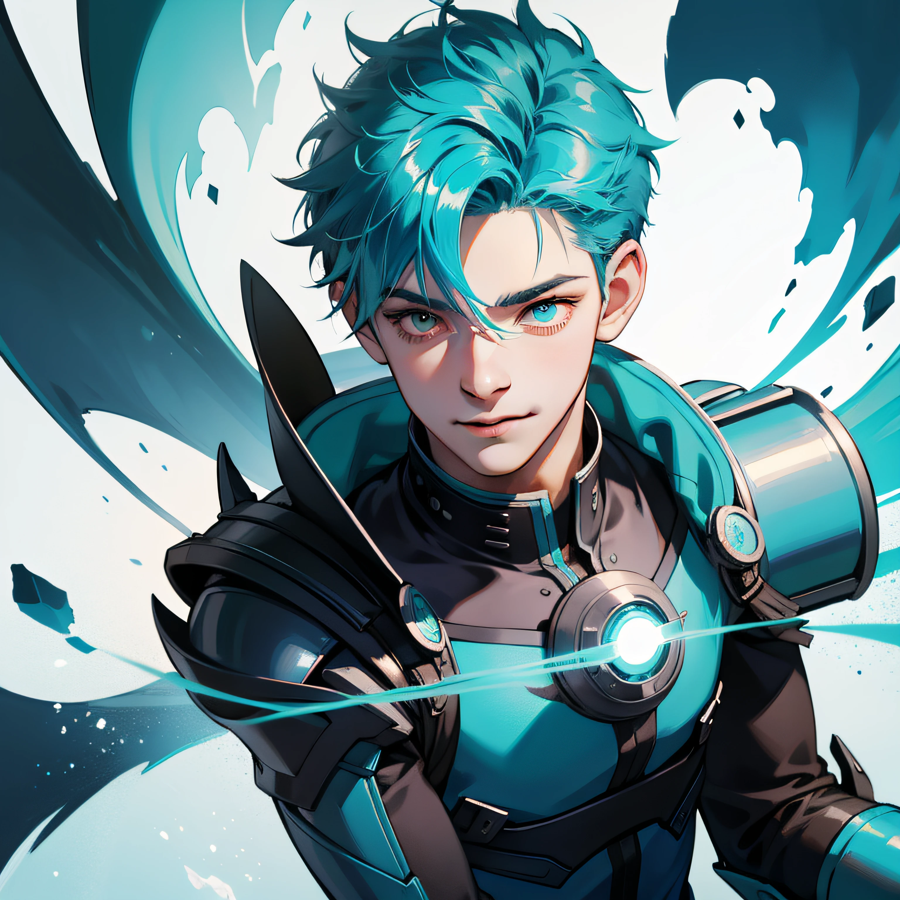 1 boy, short messy spiky very blue hair, very green eyes, energetic smile, blank background, high res, ultra sharp, 8k, looking at viewer