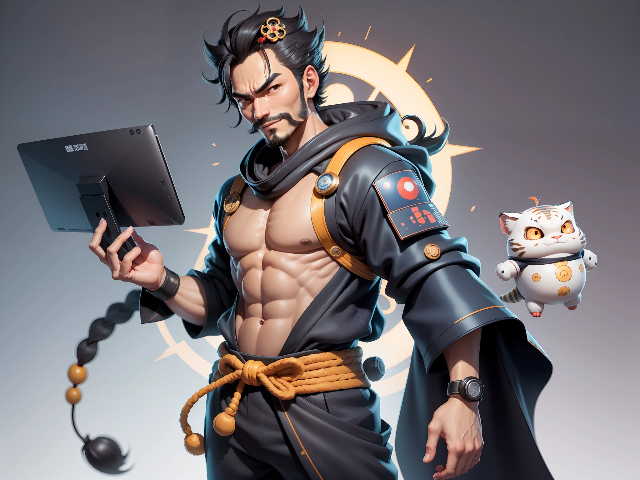 (Daisaku),(Need),(Super meticulous),(full bodyesbian:1.2),Super young man with Japanese geisha,Beautiful,orient,one tiger,Aeolian Thor,Raised sexy,爆乳,Oriental face,TV Anchor,Bust portrait illustration,In black suit,a blue tie,The face is slightly chubby,The face was clean,without a beard,Black super short hair,Black eyes,Smile confidently,3C computer sub-products,iPad, iphone,Digital painting,3D character design by Mark Clairen and Pixar and Hayao Miyazaki and Akira Toriyama,The illustration is a high-definition illustration in 4K resolution,With very detailed facial features and cartoon-style visuals。