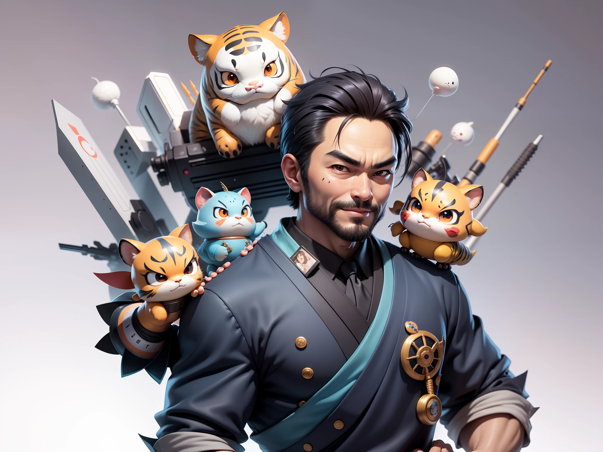 (Daisaku),(Need),(Super meticulous),(full bodyesbian:1.2),Super young man with Japanese geisha，Beautiful，orient，one tiger，Aeolian Thor，Raised sexy，爆乳，Oriental face，TV Anchor，Bust portrait illustration，In black suit，a blue tie，The face is slightly chubby，The face was clean，without a beard，Black super short hair，Black eyes，Smile confidently，3C computer sub-products，iPad， iphone，Digital painting，3D character design by Mark Clairen and Pixar and Hayao Miyazaki and Akira Toriyama，The illustration is a high-definition illustration in 4K resolution，With very detailed facial features and cartoon-style visuals。