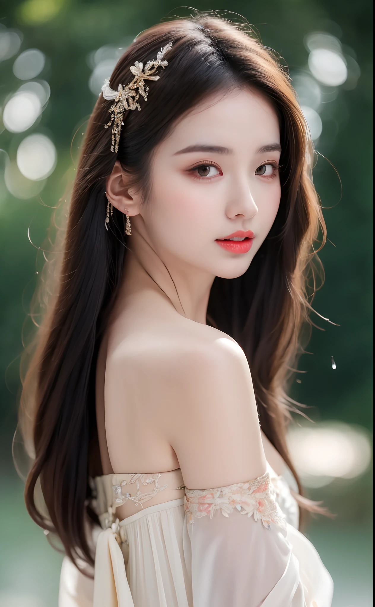 ((Best Quality, 8k, Masterpiece: 1.3)), Focus: 1.2, Perfect Body Beauty: 1.4, Buttocks: 1.2, ((Layered Haircut)), (Wet Clothes: 1.1), (Rain, Street:1.3), (Breasts: 1.2), (Hanfu: 1.2), Bare Shoulders, Bare Legs, Highly Detailed Face and Skin Texture, Fine Eyes, Double Eyelids, Whitened Skin, Long Hair, (Shut Up: 1.5), (Bokeh Background: 1.5), Big Breasts