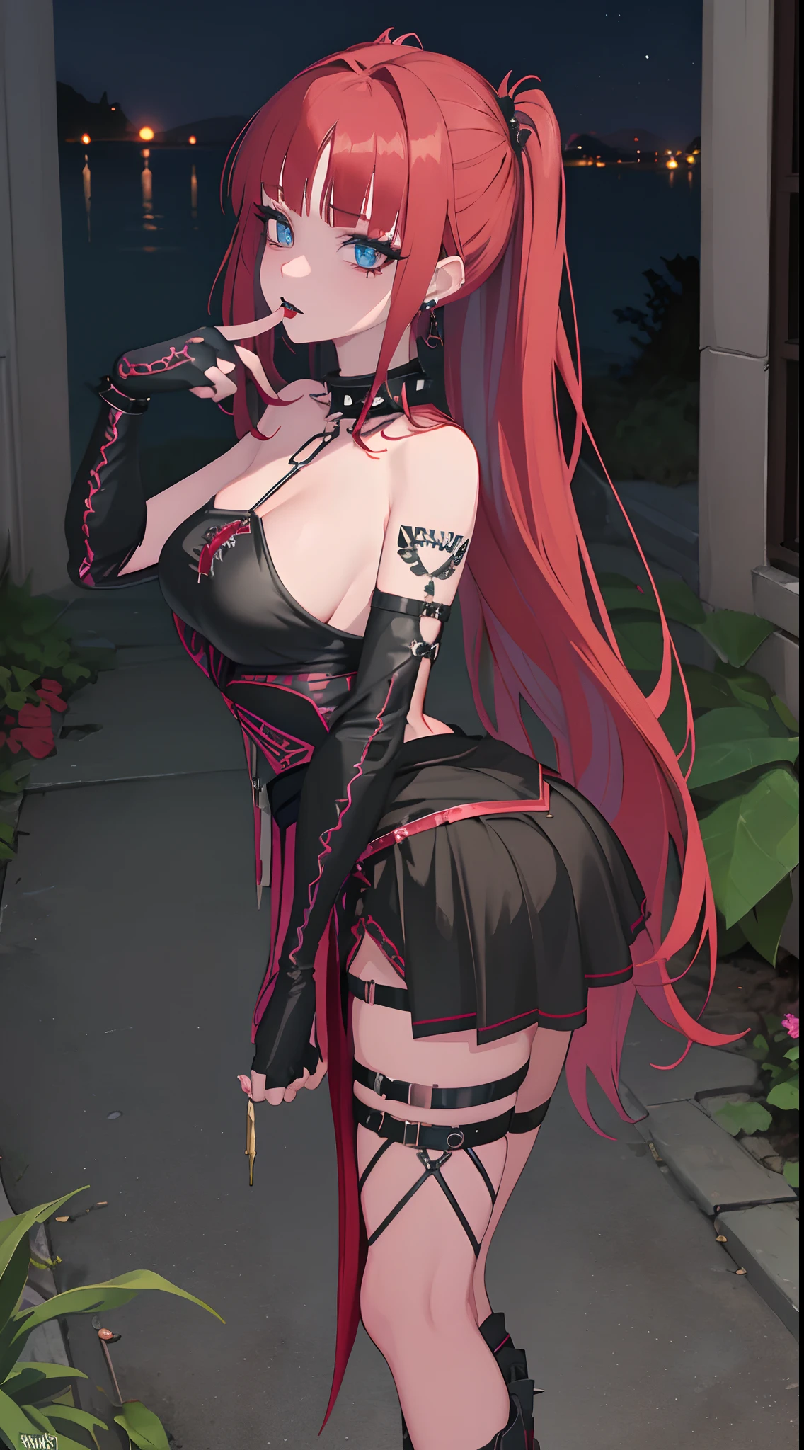 punk, 1girl, solo, Nilou, dark blue makeup, black lips, blue eyes, breasts, looking at viewer, skirt, large breasts, red hair, long hair, sexy attire, jewelry, ass, earrings, miniskirt, piercing, spikes, spiked collar, fingerless gloves, cementery, night, masterpiece, best quality, highly detailed