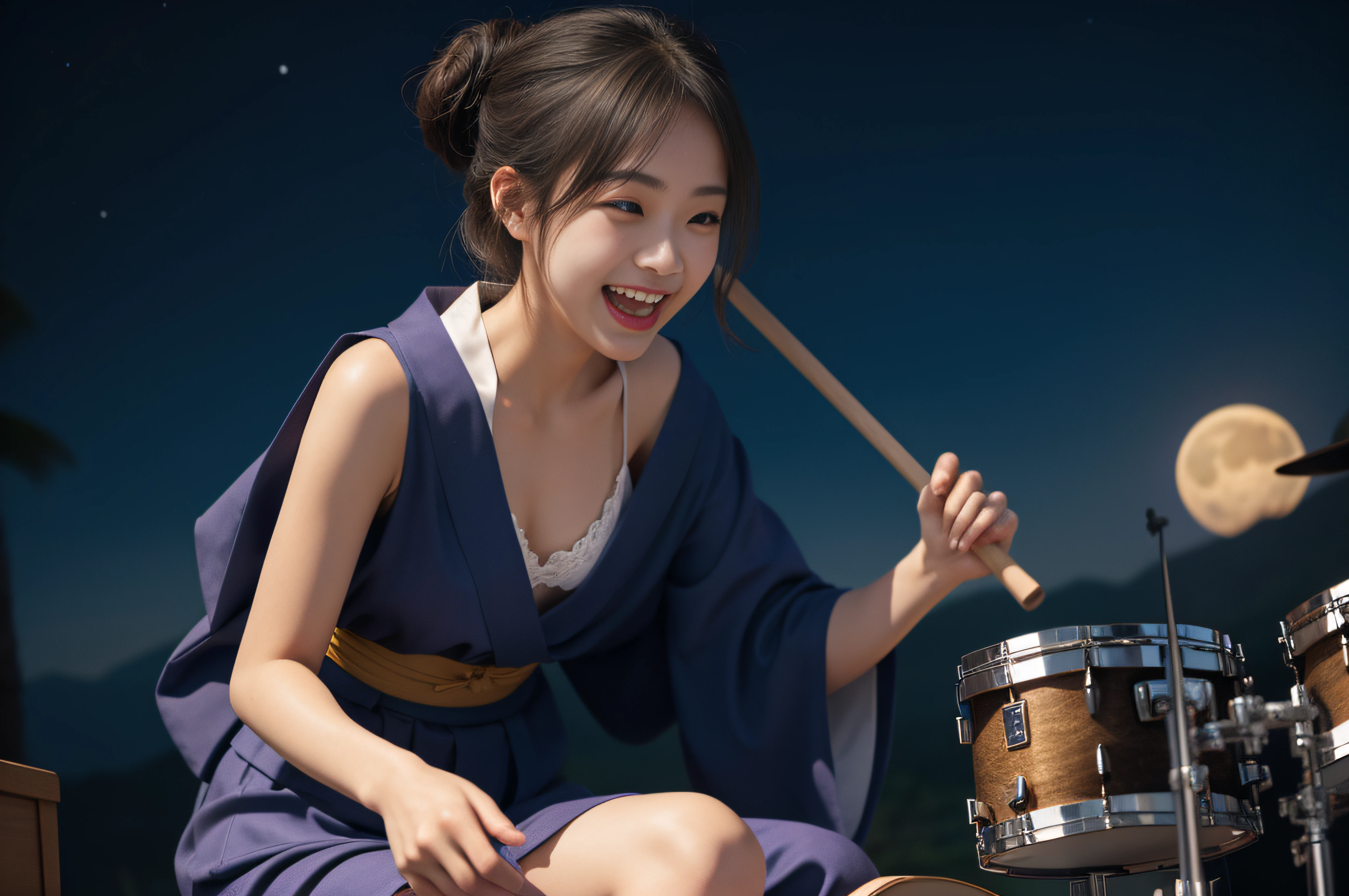 (filmgrain:1.4),(Fuji colors:1.2), No makeup,Clear pores,1 cute Japanese girl, 26 year old, Solo, Extremely detailed eye clarity,Detailed skins,Realistic skin texture,Real skin texture,Highly Detailed Face and Skin Textur,(D cup,broad shoulder,Small round buttocks,Small head, Slender thighs, Slender calves, Wear a long yukata), (cabelos preto e longos/Hippie fever/Hair tied), (Laughing heartily),(Taiko drum formation, The girl was playing the drums), Beautiful starry sky, themoon, 真实感:1.3,Dynamic shots:1.2, Large close-up of the girl's face, Ultra photo realsisim,Photo realism,Add noise:1.5, Doji diffraction, Action:0.6,