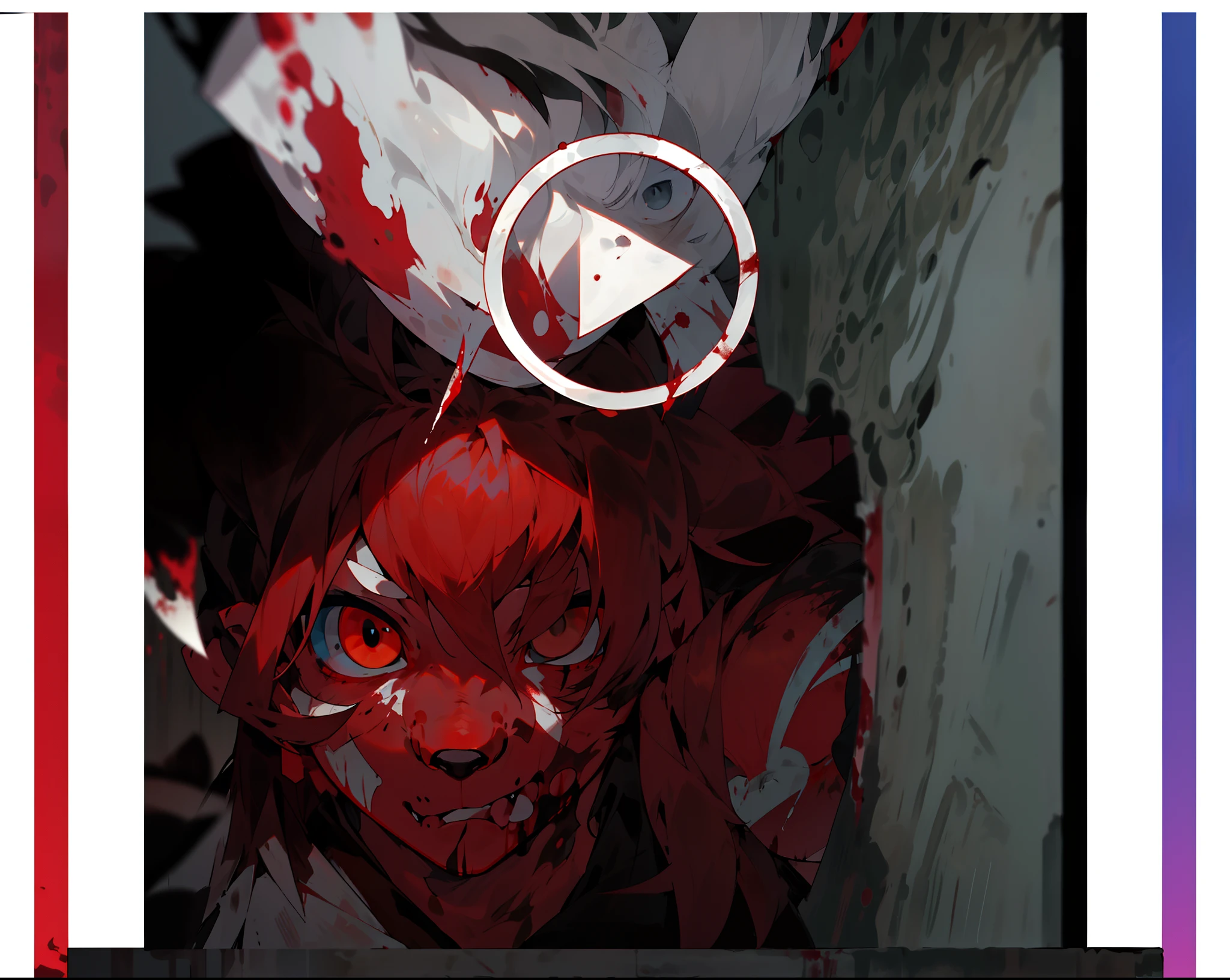 a close up of a wolf with a knife cutting a piece of fruit, blood dripping down the head, clean brutal blooded face, stab wound, vomiting blood, head exploding, horror footage, blood seeping from eyes, blood on body, bloody face, blood on clothes and face, puking blood, destroyed body, bloody scene, video still