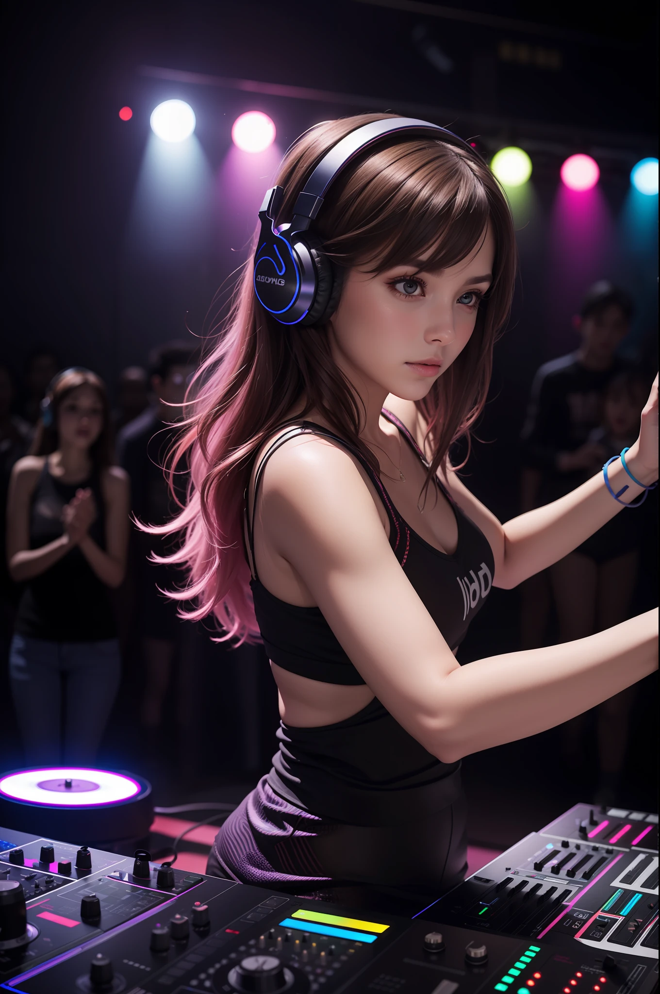 The upper part of the body, Female DJ,facing at camera,Bring headphones,Place your hands on the console,Colorful lights,The background is a dancing crowd